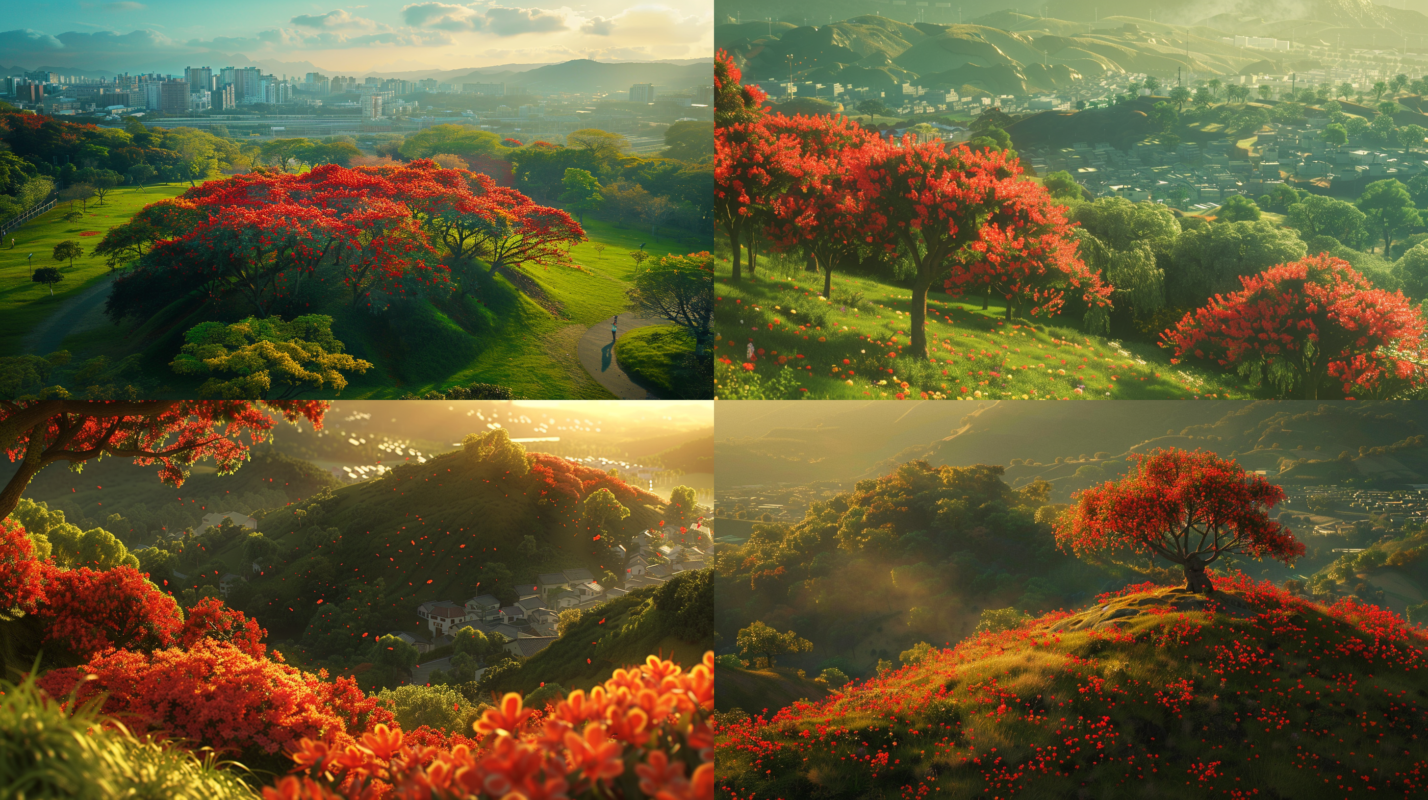 城市公园旁小山坡，航拍广角，16:9电影感，漫画风格，吉卜力，远景，凤凰木盛开，红色凤凰花漫山遍野，绿色点缀，鲜艳对比，自然光线，宁静氛围。