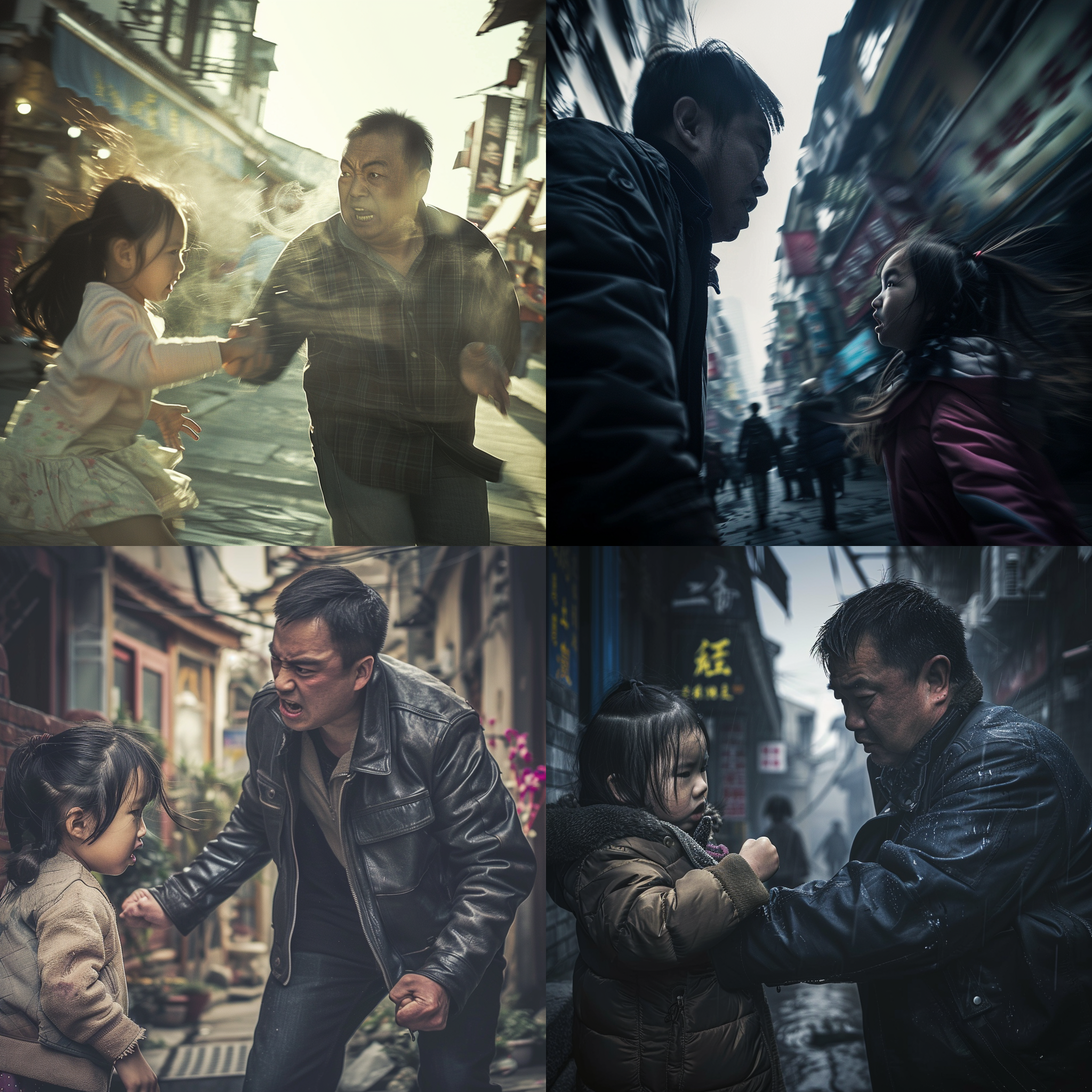 中国男人欺负中国小女孩，室外街头，垂直构图，高速快门，愤怒，挑衅，对峙，冷色调，逆光，紧张气氛，广角镜头，动态捕捉。