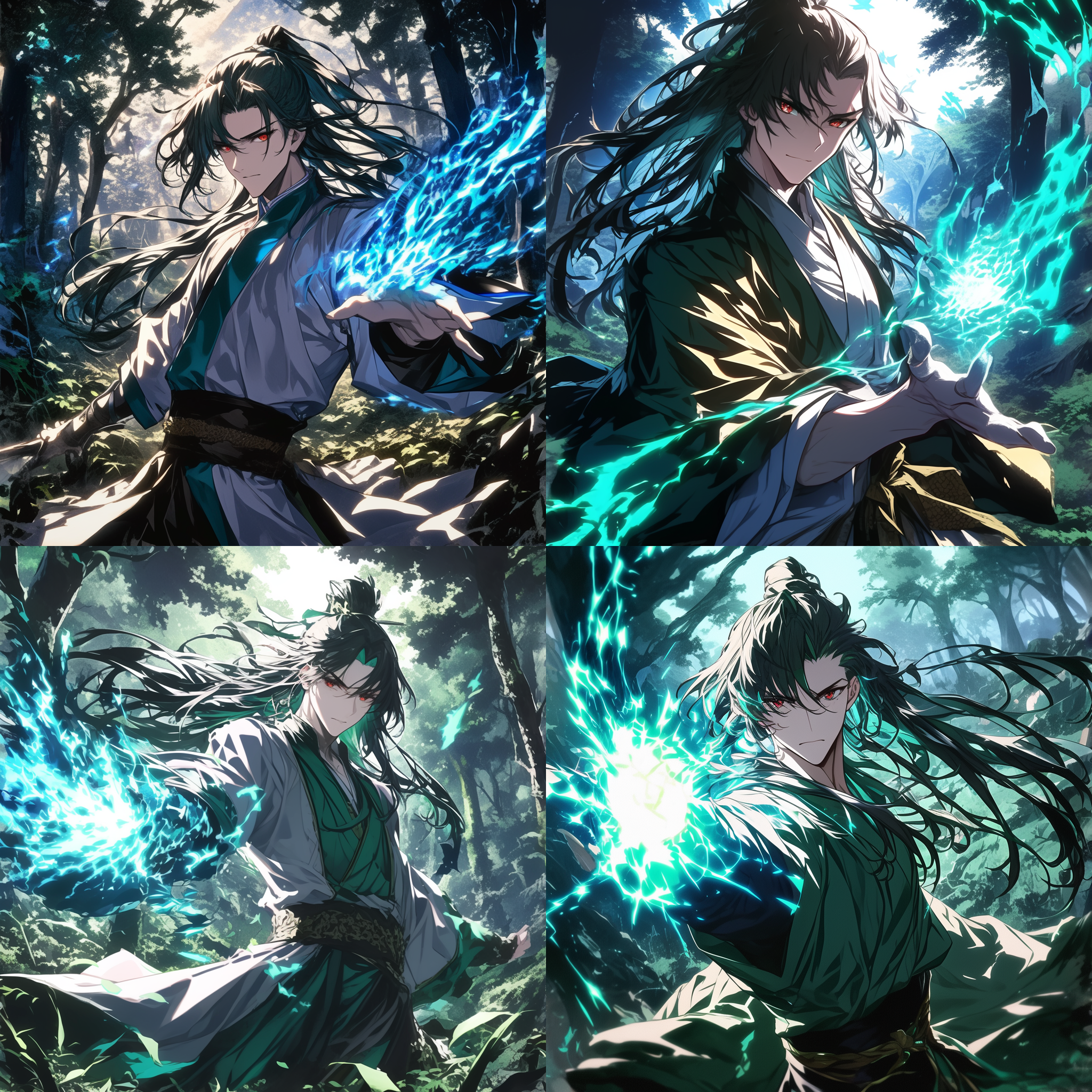 青年男子施法，白色长发飘逸，绿色古风长袍，神秘森林背景，逆光效果，长焦镜头，低角度拍摄，柔和光线，专注表情，法术光芒，神秘氛围。