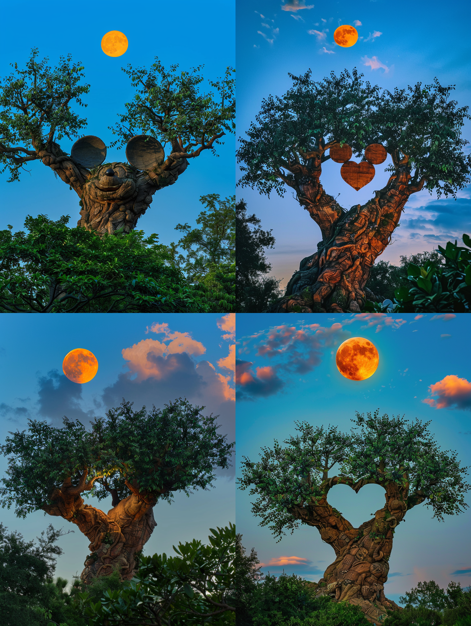the tree in the shape of mickey's head has a full moon and sky blue background in the photography style of real shooting. the tree has two leaves on its branches forming an open heart-shaped pattern. in front of it stands another tall green leafy tree with high contrast between them. above their heads hangs clouds like shadows. at night, there was only one bright orange sun shining through thin clouds, illuminating the trees. high definition photography with a wide-angle lens shows clear details in natural light