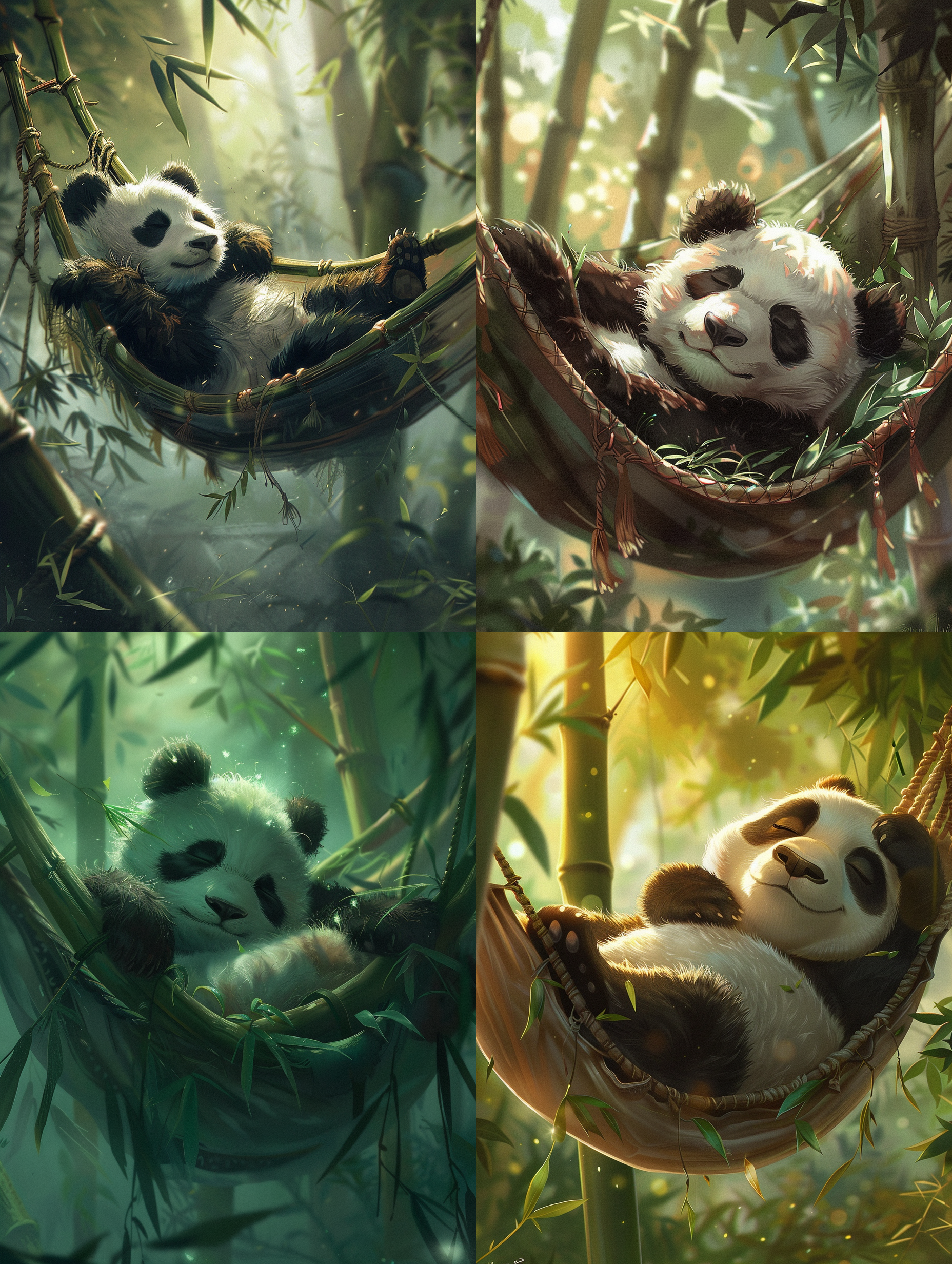 熊猫吊篮睡觉，二次元动漫风，柔和光影，温馨场景，低饱和度，仰视角度，长焦镜头，静谧，慵懒表情，竹叶点缀。