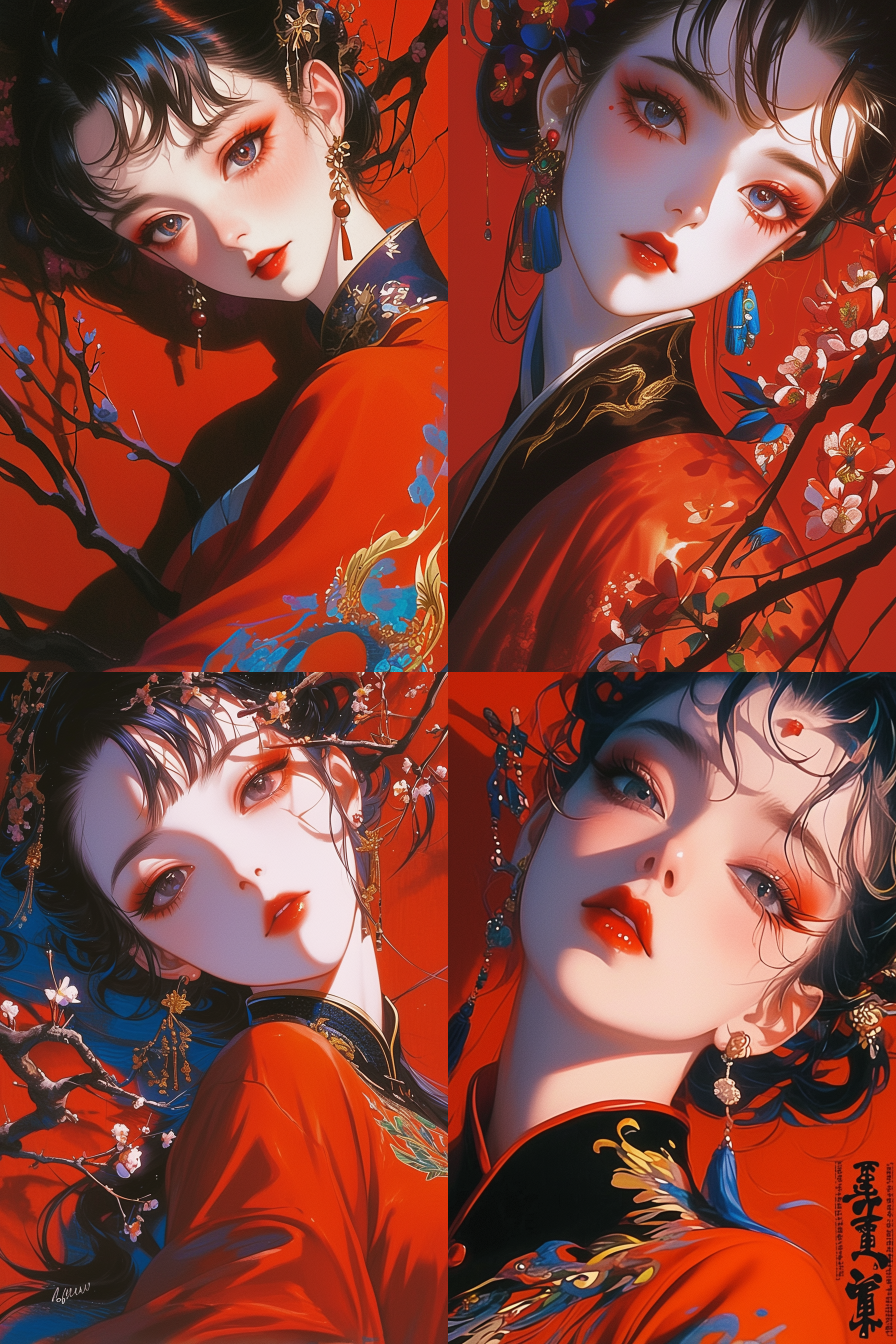 桃花红妆女子，甜蜜，中国古风，宠物玉兔