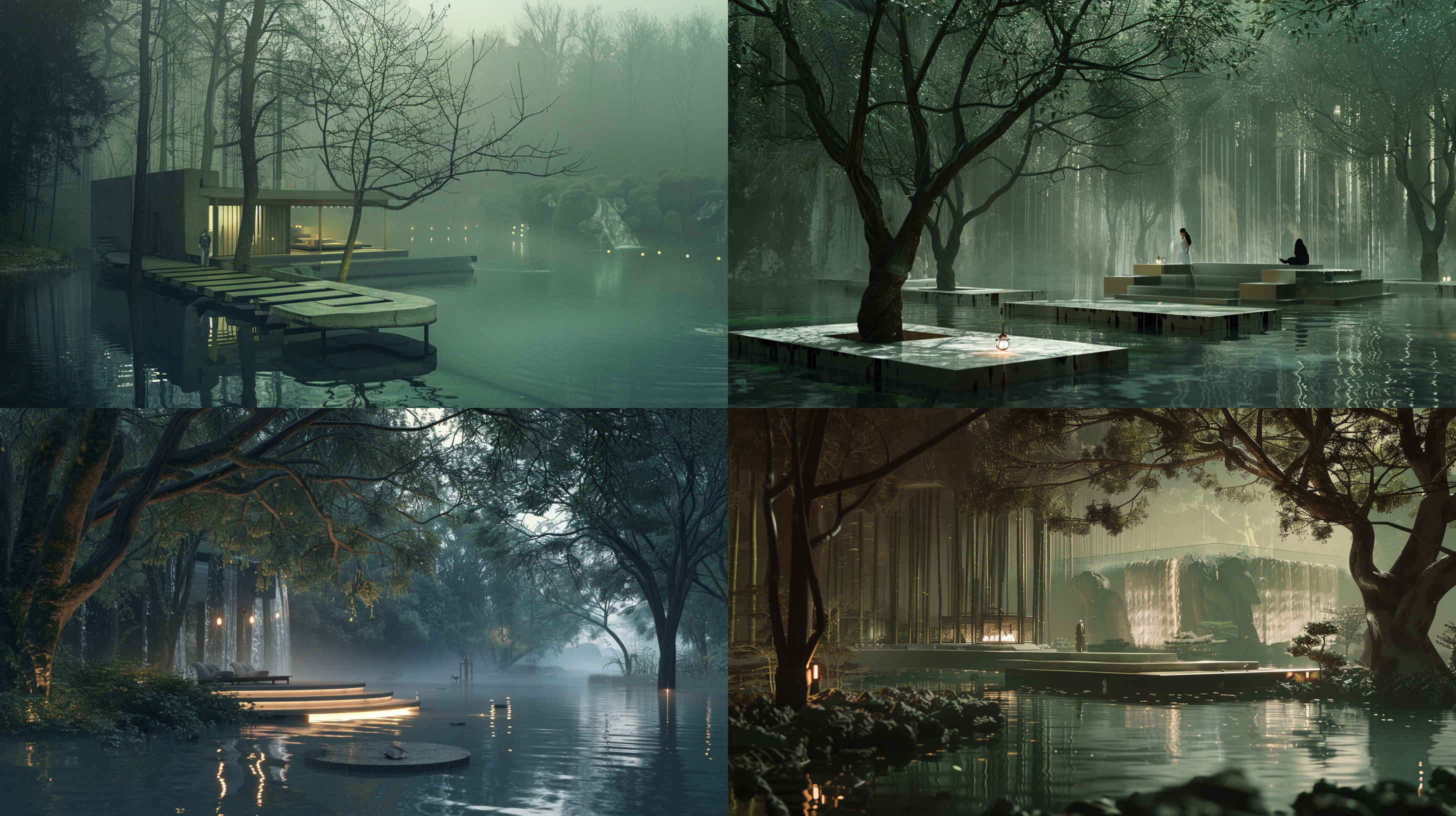 景观设计，很多的少量叶子的树干，纯净暗绿色画面里水面上轻薄的米白色石材会客厅，水里的树，客厅里的树干，远景的树干，水中的小平台，瀑布，交谈的人，傍晚，远景，大光圈，远焦距，阴，静态，阴郁，薄雾