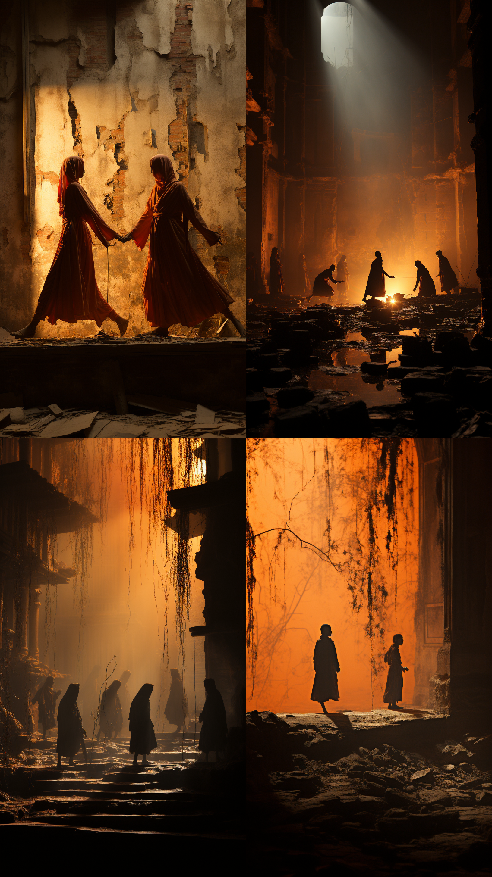 shadows of noh performers are cast against the weathered walls of a forgotten ruin, illuminated by flickering torchlight. while the composition skillfully captures the dancers silhouettes amidst the ancient surroundings.