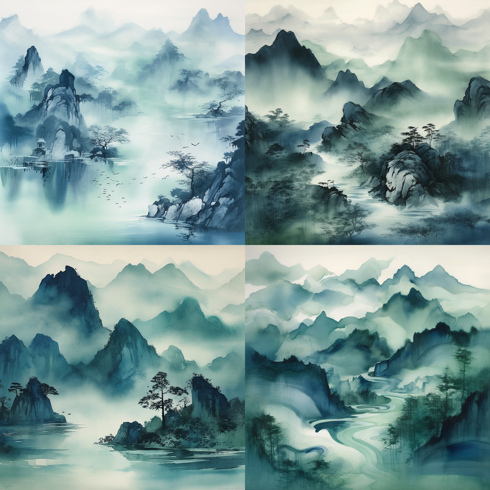 青绿山水中国画风格，抽象图案，非对称布局，空灵氛围，大片留白，水墨渲染，淡雅色彩，远山近水，细腻笔触，静谧情感。