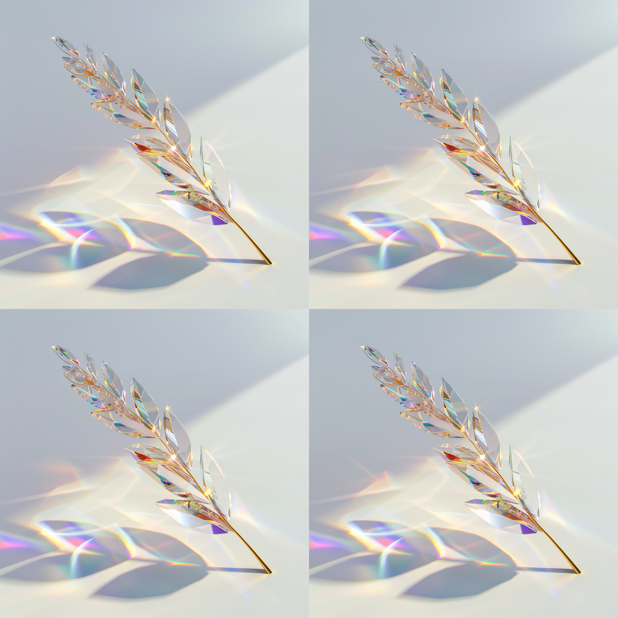 麦穗形状的玻璃棱镜，静物摆放在纯白背景上，透明晶莹，折射出绚烂多彩的光芒。画面色彩鲜艳生动，构图简洁干净，高光处理精细，焦点锐利，细节丰富。现代简约美学，带有梦幻奇异感，c4d风格渲染。