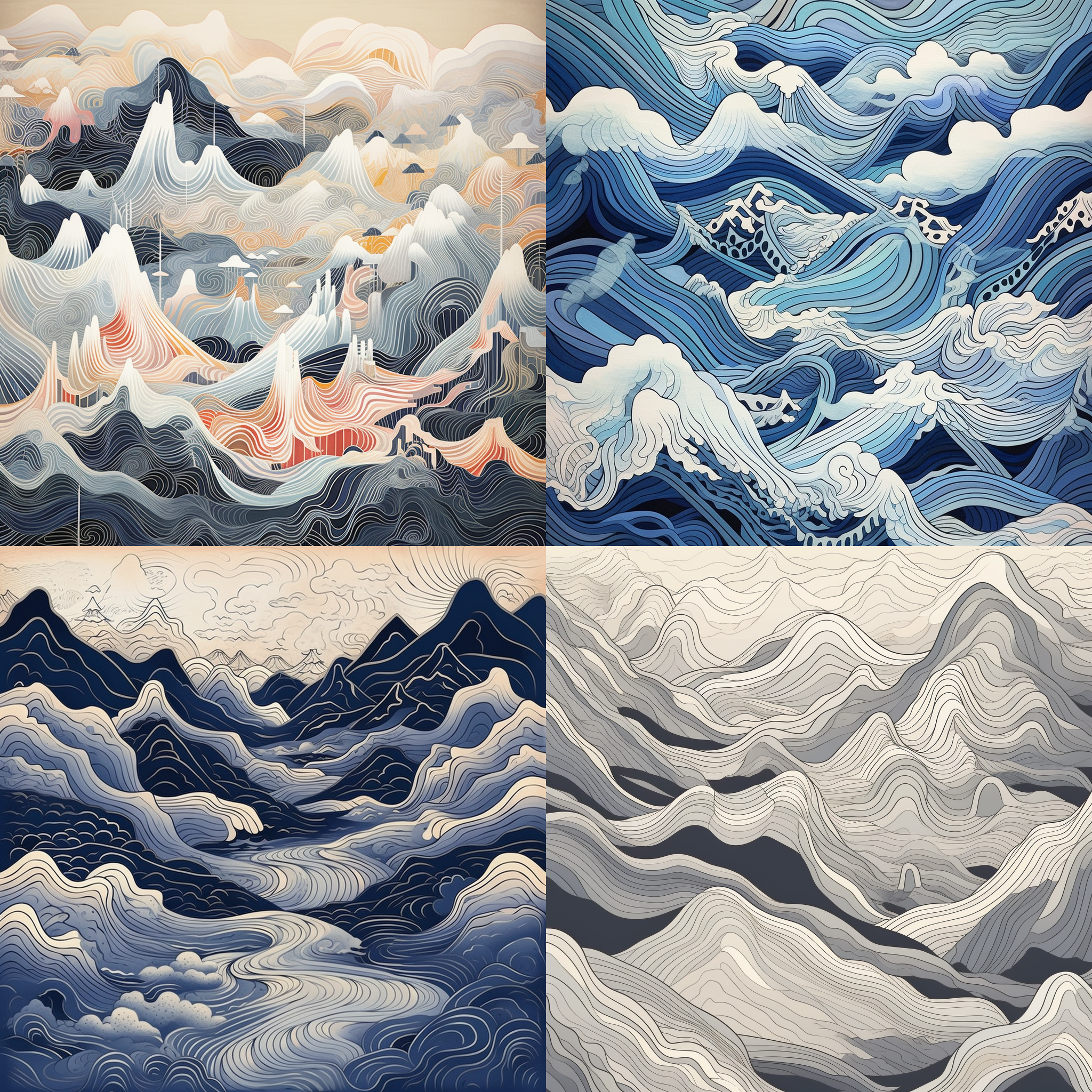 根据千里江山图风格生成一张抽象的图案，线描为主，不要对称，要空灵