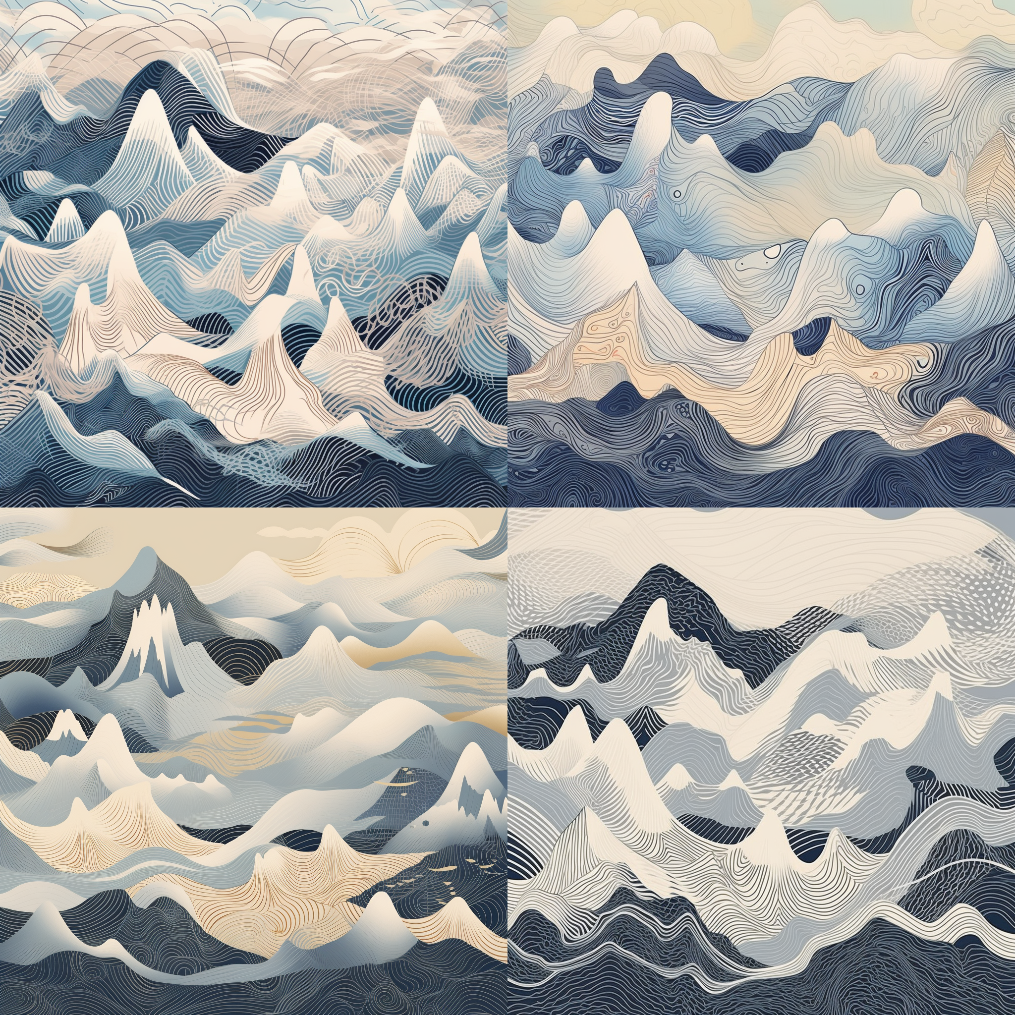 根据千里江山图风格生成一张抽象的图案，线描为主，不要对称，要空灵