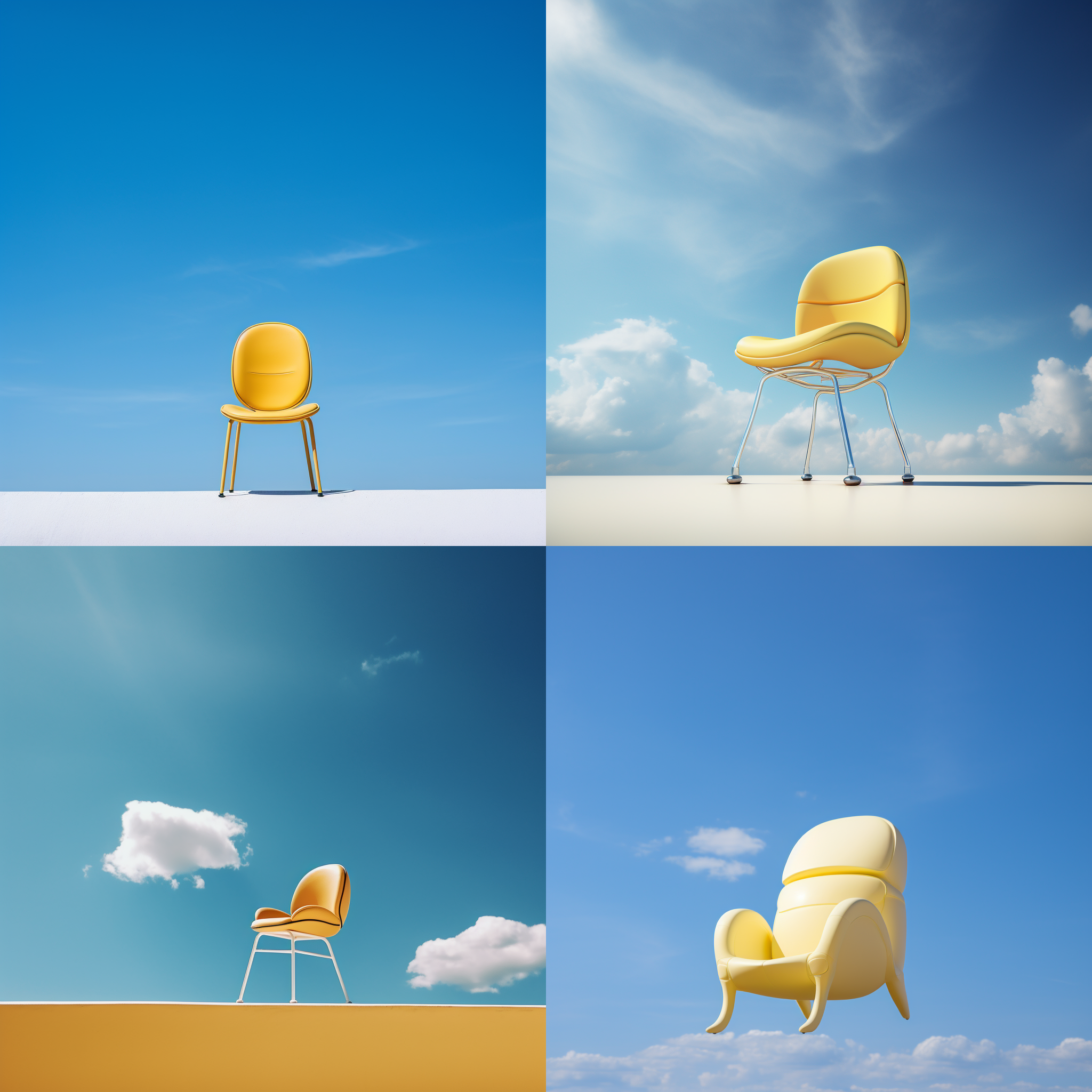 椅子工业设计，甲壳虫艺术，淡黄色椅身，背景蓝色天空，自然光线，鸟瞰视角，极简风格，高光处理，细节清晰，色彩对比，创意构图。