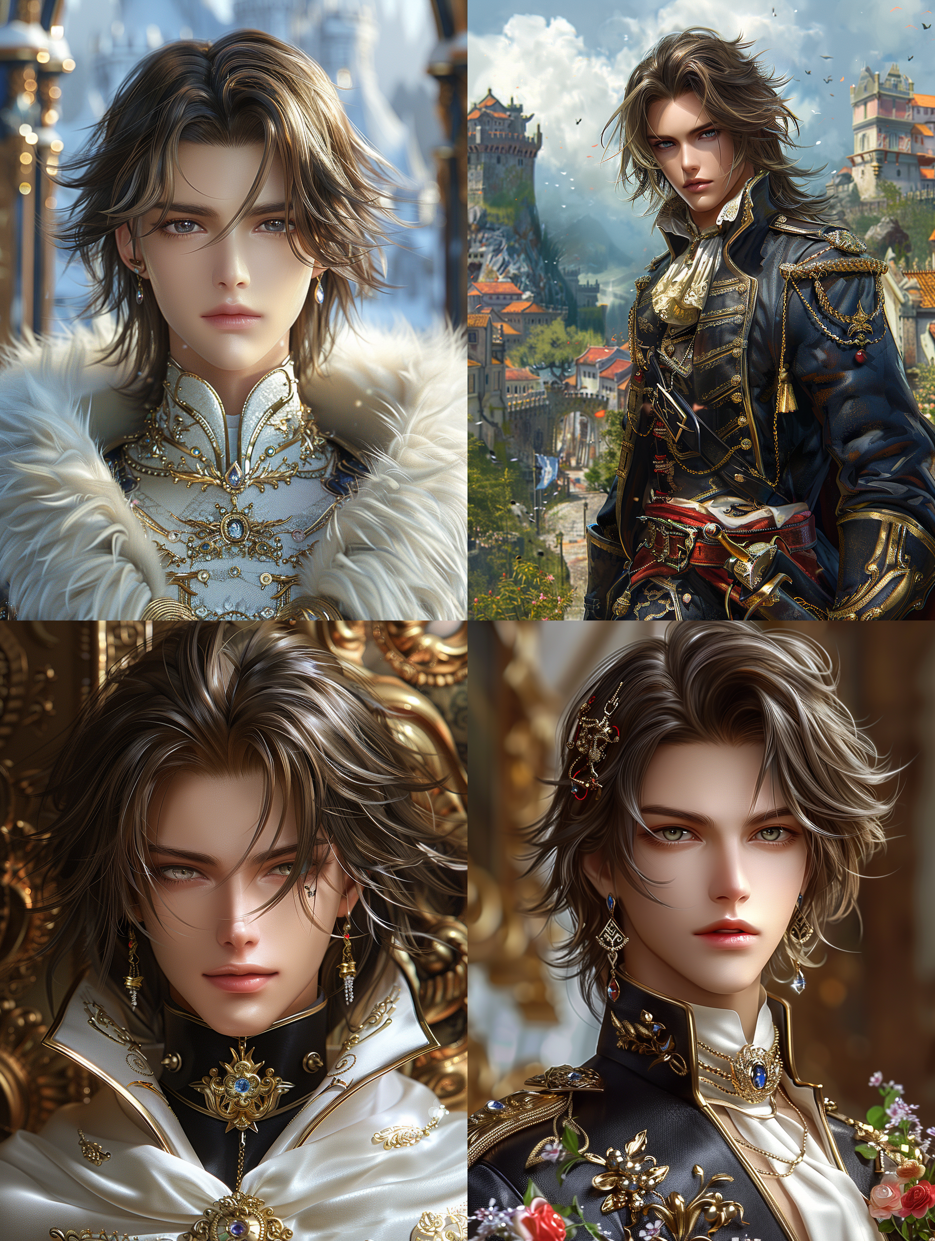 城堡废墟，5d cgi幻想男性肖像，短黑头发，黑色眼睛，白色披风，阳刚英武，细节丰富，高对比度，深色调，柔光，浪漫，不要耳坠，