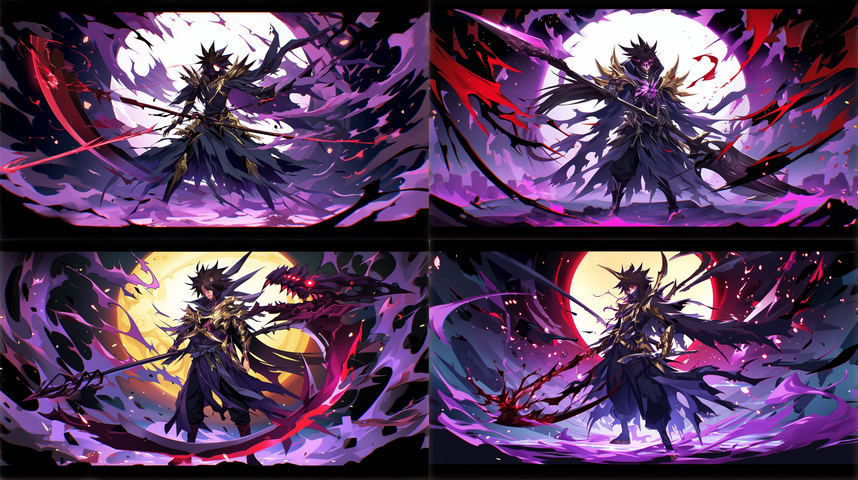 虚空场景，巨大镰刀撕裂空间，披风飘扬，兜帽遮面，神秘氛围，暗色调，超广角镜头，逆光，高动态范围，静态动作，深邃，恐惧。