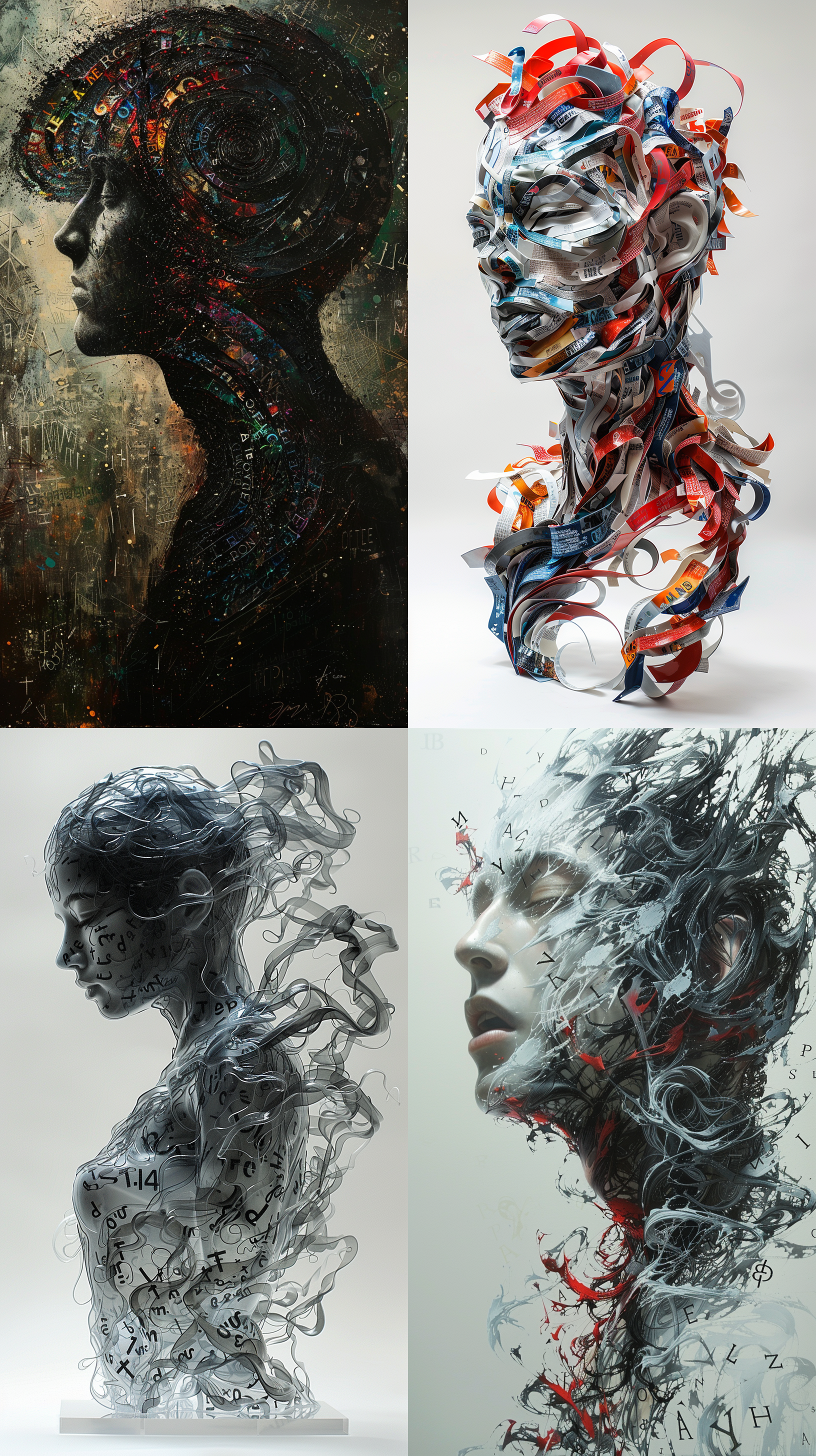 an abstract, sculptural half-body portrait composed of a chaotic swirl of letters, symbols and patterns forming the human figure shape, with nuanced lighting and shading carving out the contours and sense of dynamism, viewed from a side angle pose suggesting movement, in an artistic style evocative of cy twombly's text-based abstract expressionism. reminiscent of twombly's scribbled, calligraphic paintings that incorporated textual elements. overall atmosphere deeply expressive, powerful and energetic.