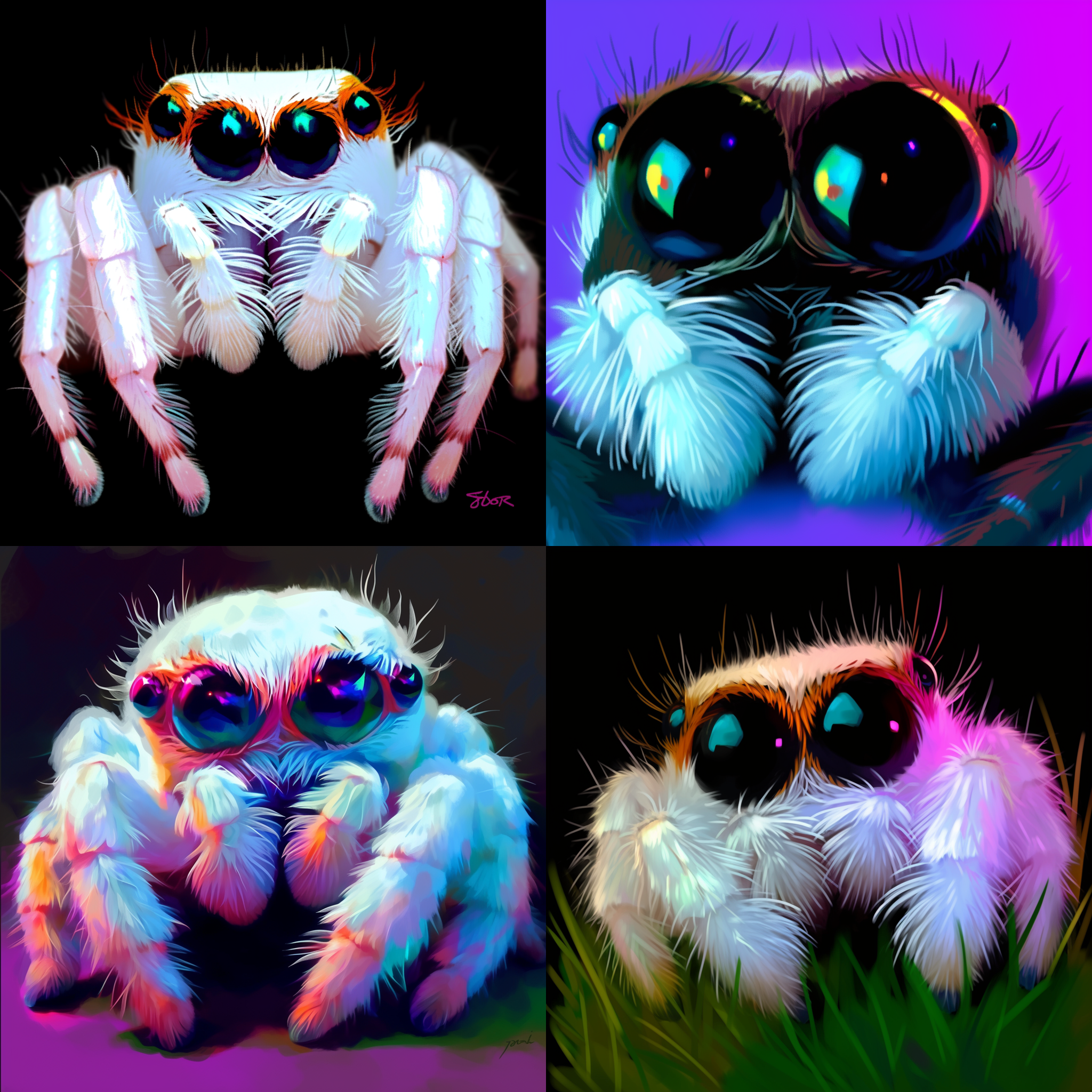 可爱跳蛛，灰色身体，大眼睛,特写眼睛，q版设计，纯色背景，正视图