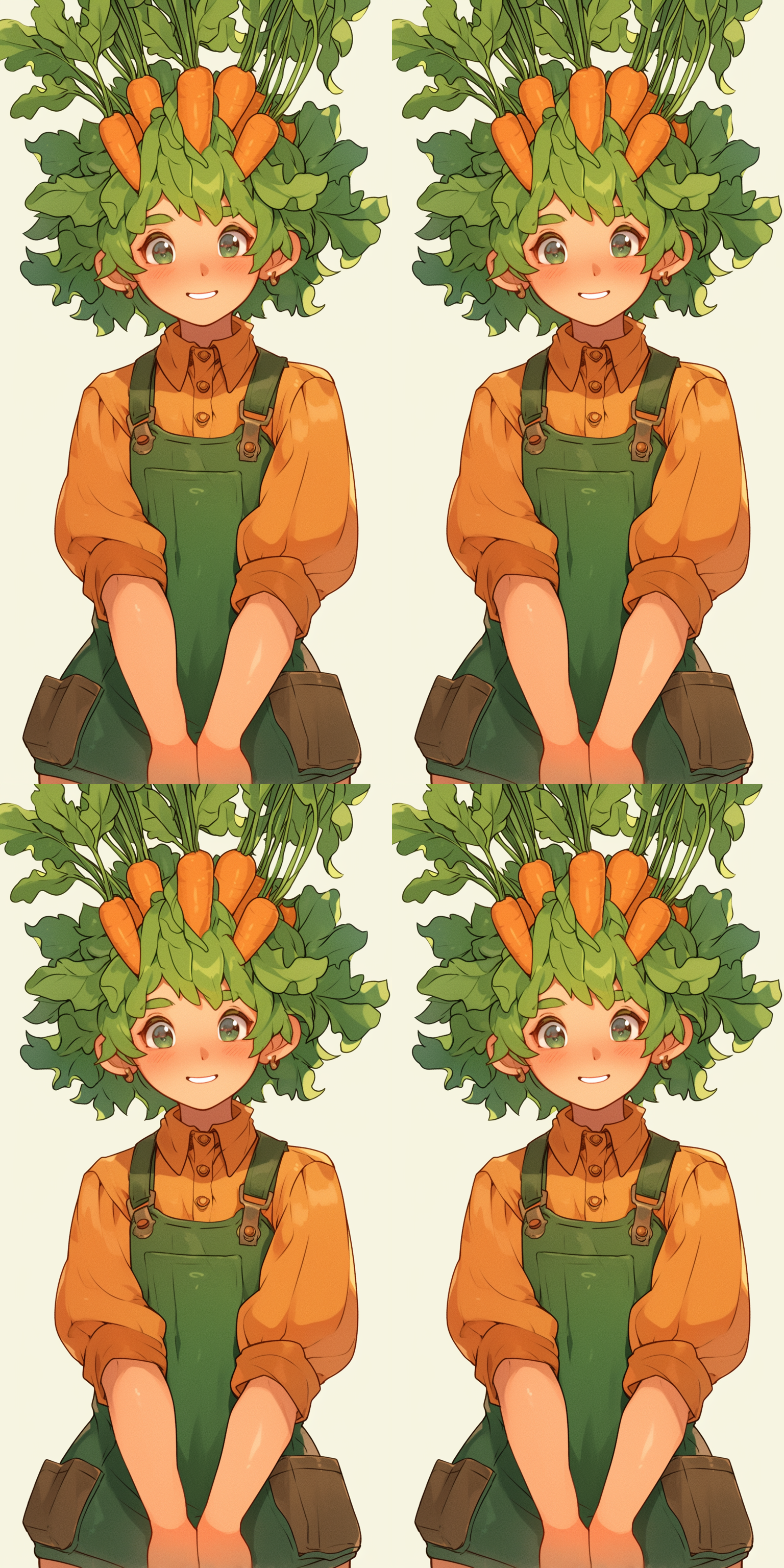 萝卜拟人化男性，可爱风格，大眼睛，微笑，绿色萝卜叶头饰，橙色萝卜身体，田园背景，柔和光线，自然色彩，卡通渲染，温馨氛围，正面特写。