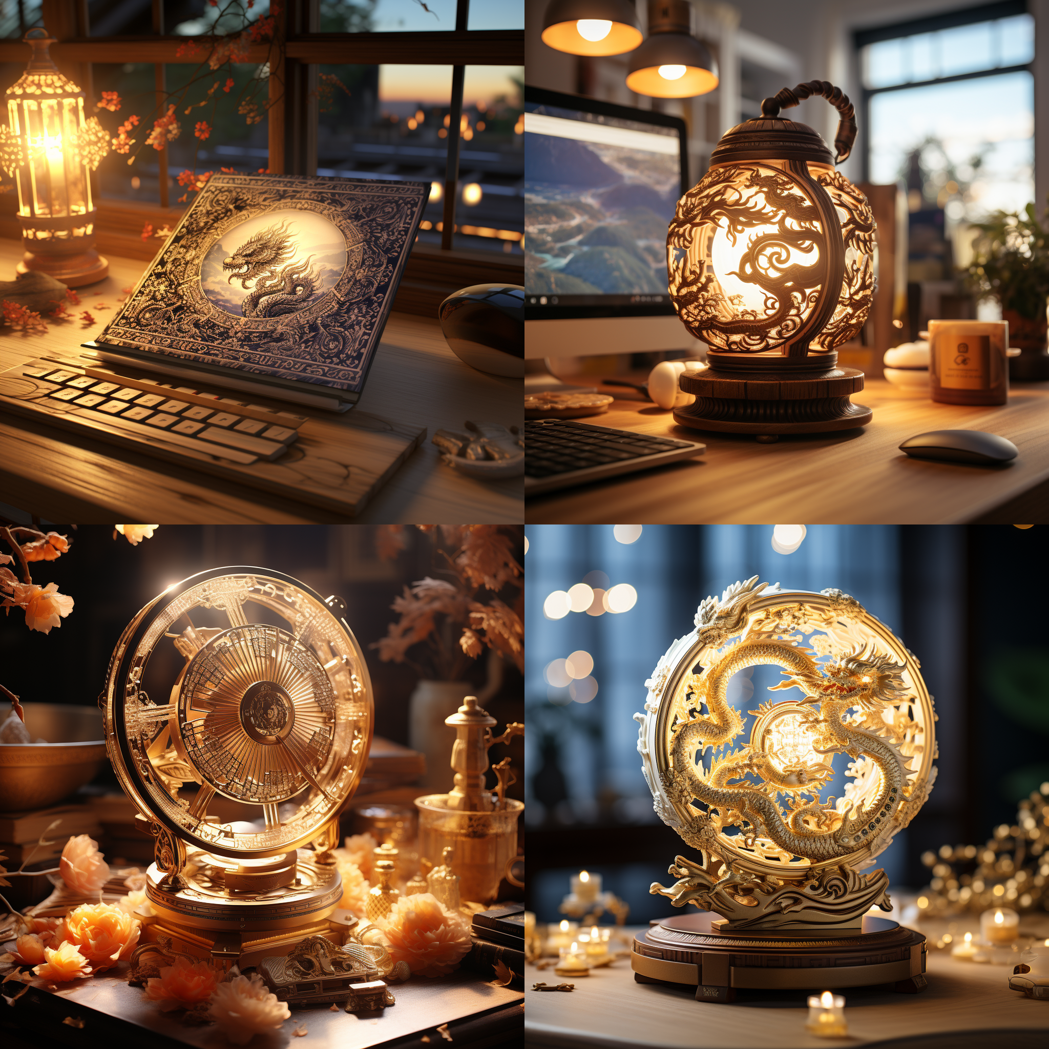黄鼎细腻8k渲染，桌面风扇，龙尾设计，怀旧灯光，木桌上，发光皇室图案，浪漫简单路径追踪，索尼a7 iii，灵感来自李梅树，一盏孤灯，孙宇晨，金色龙。