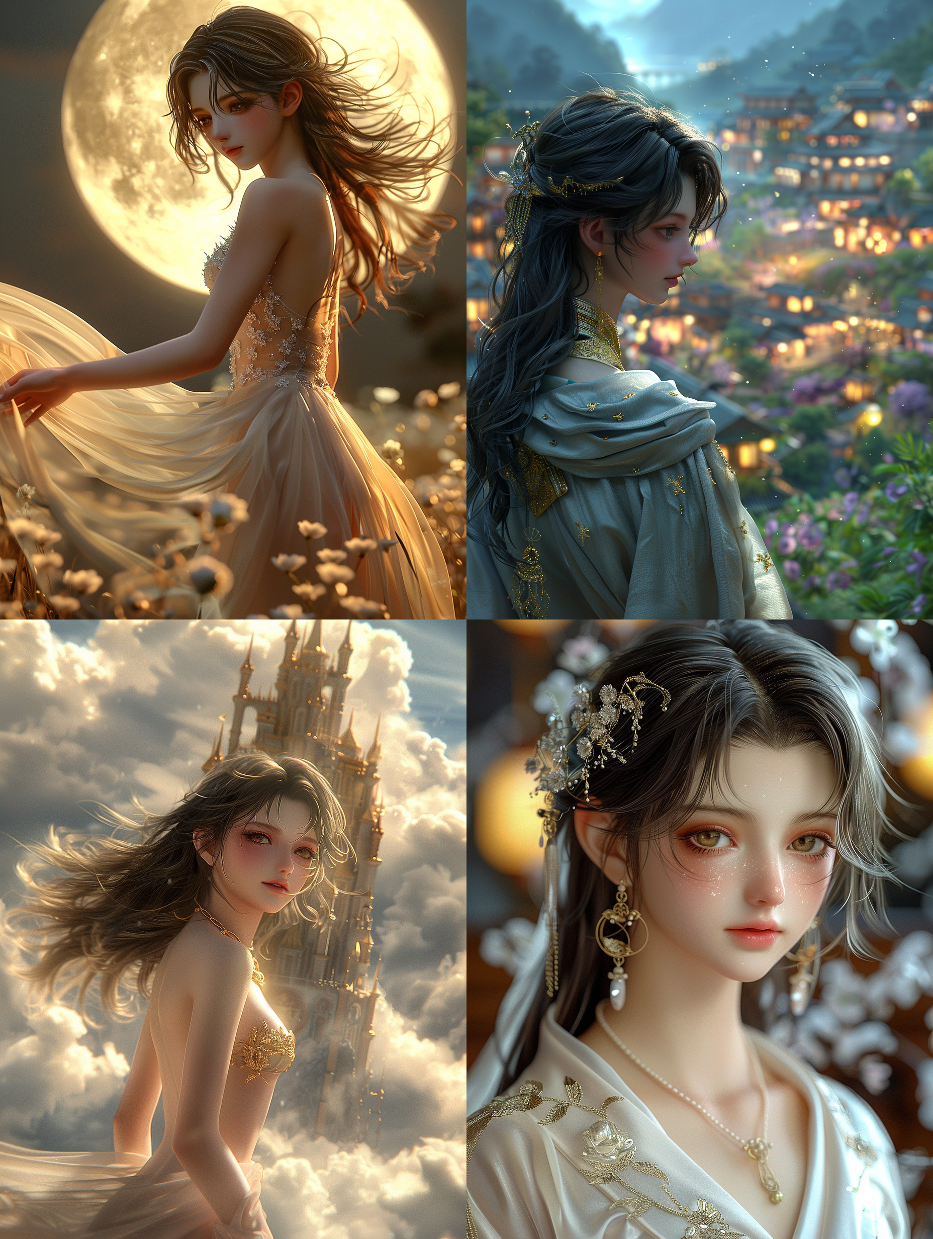 unreal engine render + a goddess, beautiful render of a fairytale, 8k hd wallpaper digital art, 3 dmax, magical island, movie still 8 k, shot on anamorphic lenses, moonlit backdrop, flowing black hair, detailed scenery —width 672, longing 天空 中世纪城堡