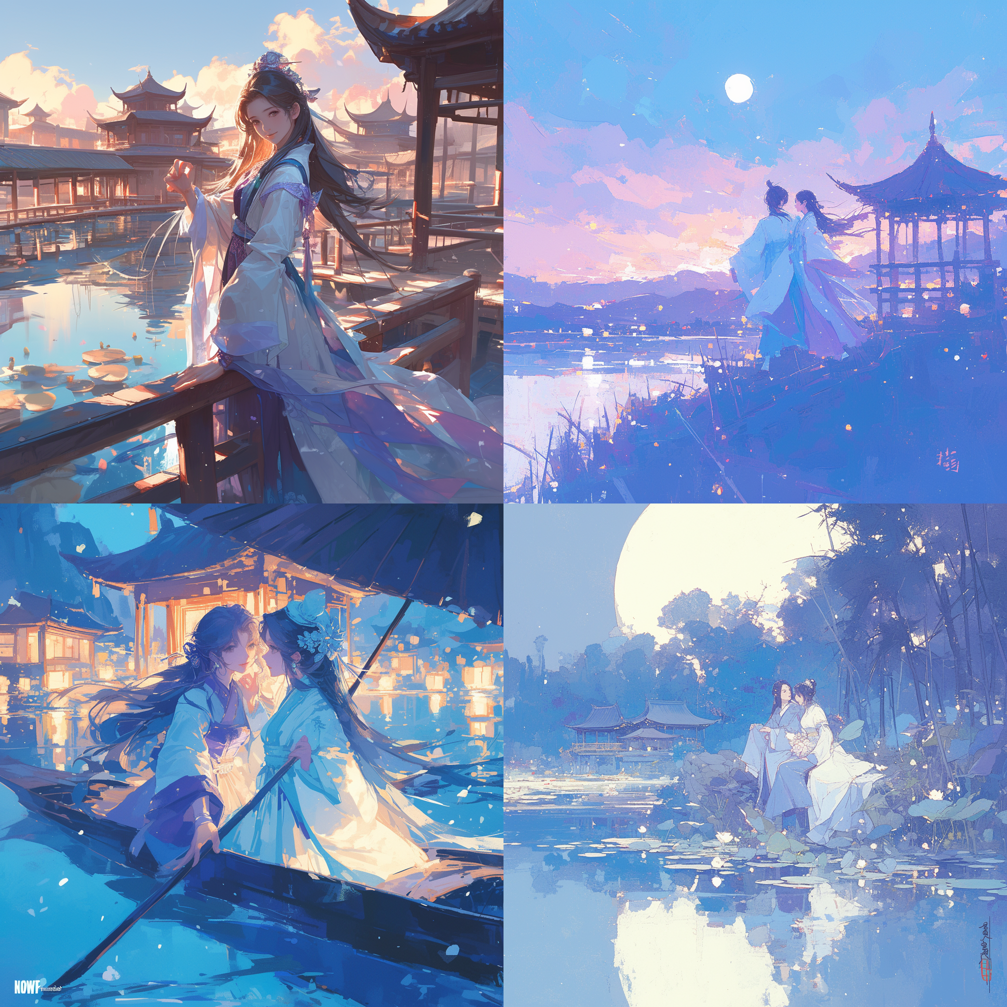 北海游，苍梧暮色，古仙境，湖畔，亭台楼阁，汉服女子，柔光影，静默凝视，优雅姿态，粉色调，传统韵味，宁静祥和。