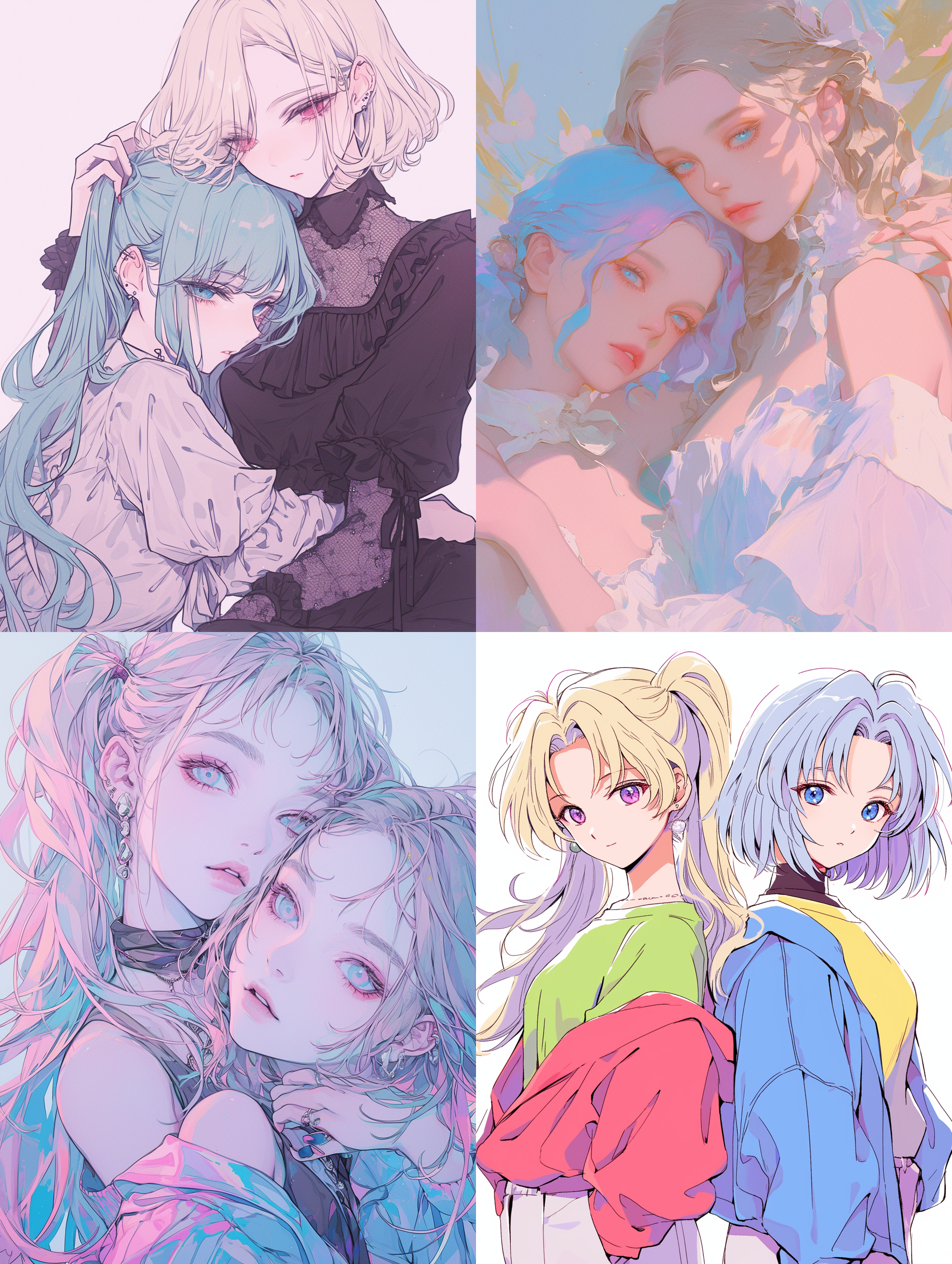 两个少女，金色长发双马尾粉色眼睛与蓝色短发中分蓝色眼睛，黑白线稿漫画风格，手绘质感，梦幻浅色系背景，柔和光线，静态姿势，细腻线条，清新，梦幻。