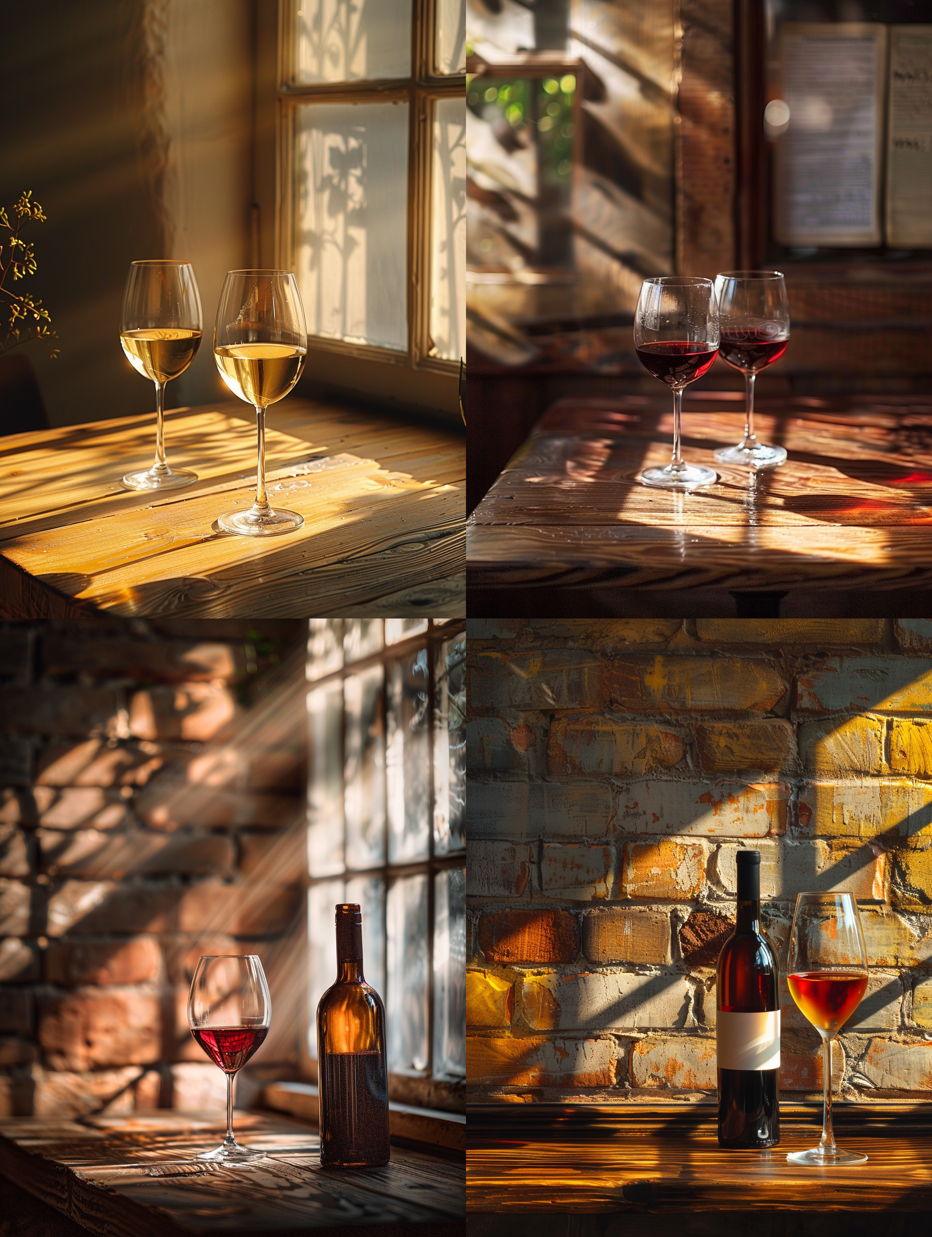 前景特写葡萄酒和酒杯，木台，墙壁，god rays 光线柔和照射，投影，高清画质，自然光，长焦镜头，静，细节丰富，宁静。