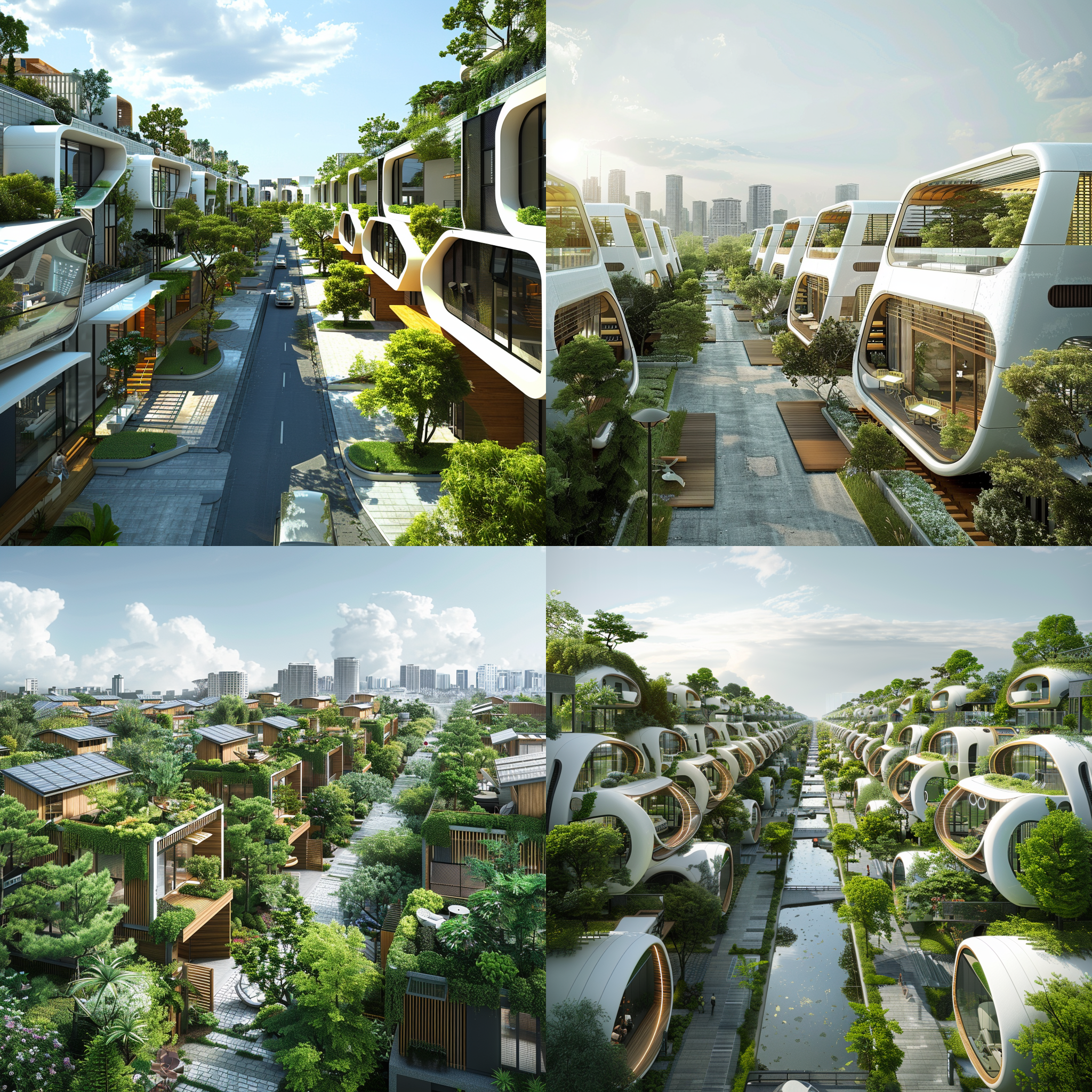 1. 总体概念 环保与可持续性：房屋设计强调对环境的影响最小化，使用可再生资源和节能技术。 智能化与自动化：通过智能系统实现家居设备的自动化控制，提高生活便捷性。 舒适性与健康：注重居住环境的舒适度和居住者的健康需求。 安全性与防灾：设计考虑地震、火灾等自然灾害的防护措施。 2. 外部设计 建筑材料：使用环保、自修复和能量收集的材料。 结构设计：模块化设计便于未来改造和升级，同时注重抗震和抗风能力。 外部环境：实施垂直绿化、雨水收集和利用，以及智能园艺系统。 3. 内部设计 智能家居系统：通过语音控制、自动化清洁和能源管理等功能，提升居住体验。 居住空间：提供灵活可变的空间布局，以及虚拟现实娱乐空间和智能家居办公区。 舒适与健康：配置空气质量监测与净化、噪音控制和光照调节等设备。 安全与防灾：包括智能火灾探测与报警、地震预警系统和紧急疏散规划。 4. 能源系统 房屋设计集成太阳能发电、风能发电等可再生能源技术，同时配备储能系统和能源回收再利用设施。 5. 可持续性 追求绿色建筑认证，倡导低碳生活理念，实现社区能源共享。科技感，将房屋排列在城市街道两旁