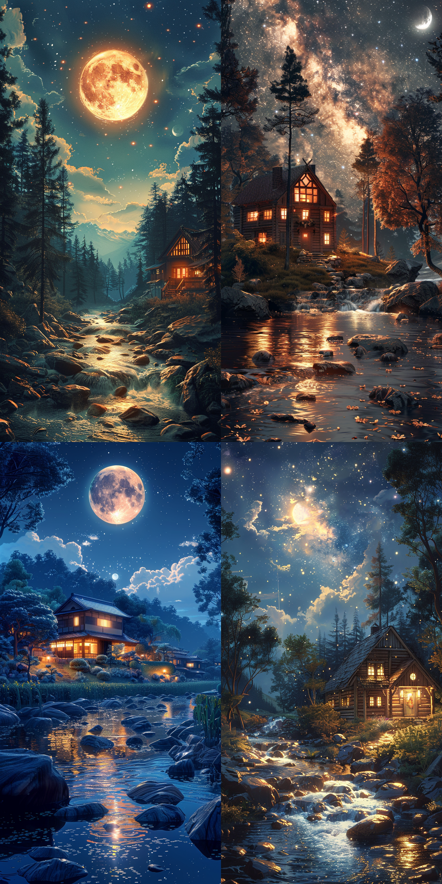 田野，溪流，房屋，家乡，灯光，夜景，月光，星空，梵高画风格，环境明亮，简约自然，全景视角，8k，高分辨率，高清质量 象牙白