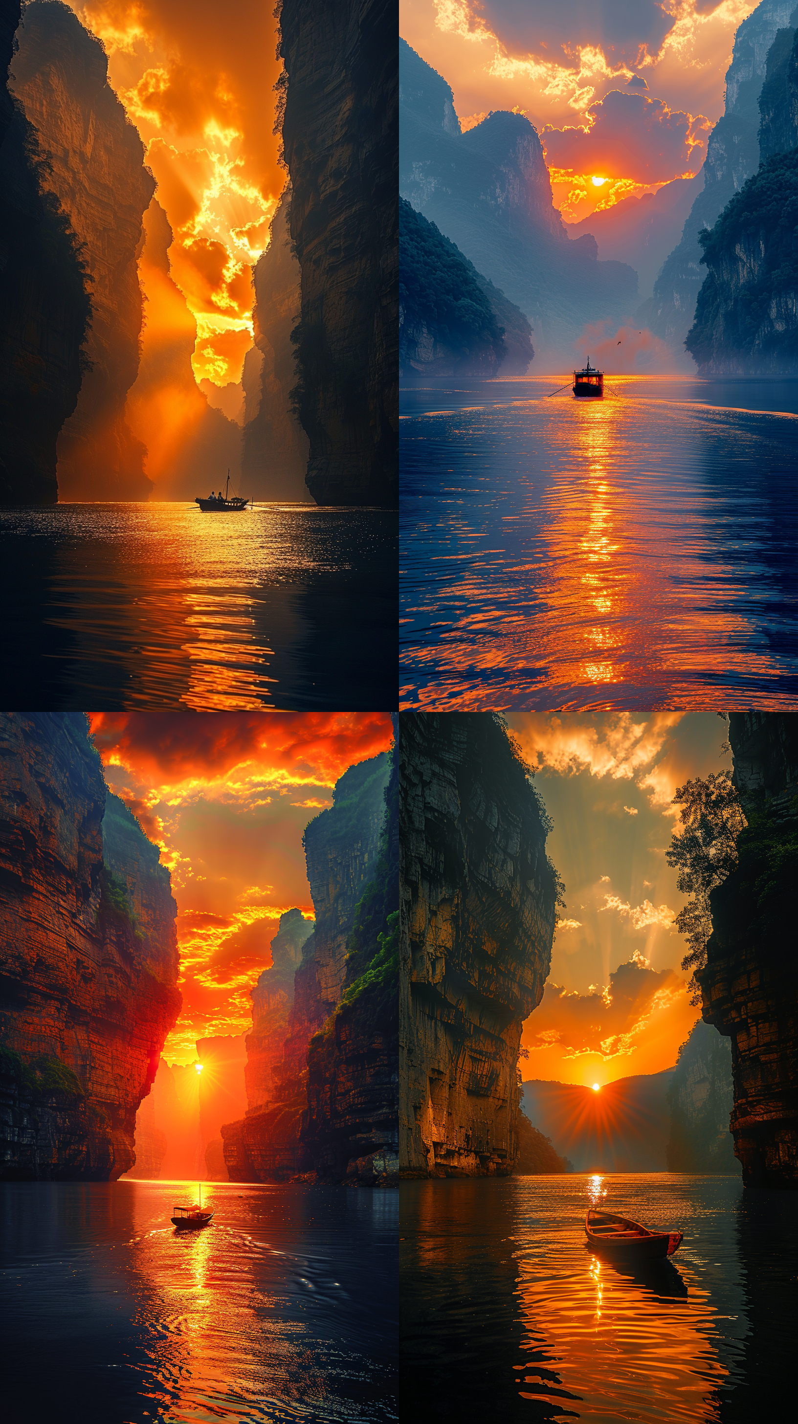 王家卫镜头下的三峡。三峡两岸，景色如画，峭壁高耸入云，仿佛每一块石头都充满了岁月的痕迹。江面宽阔，水波不兴，那静谧之中又透露出一种难以言喻的壮丽。落日的余晖洒在群山上，天空被染成一片金黄，仿佛整个世界都被笼罩在一种神秘的金色光芒之中。群山、江水、天空，都仿佛融为一体，构成了一幅绝美的画卷。峡谷之间，一艘小船悠然漂浮，小船在江面上留下了一道长长的影子，那影子随着波浪的起伏而摇曳，尼康d850，高清画质，将每一个细节都展现得淋漓尽致。那峭壁的纹理、江水的波光、落日的色彩 王家卫用他的镜头，带我们走进了三峡的深处，让我们感受到了大自然的神奇魅力。