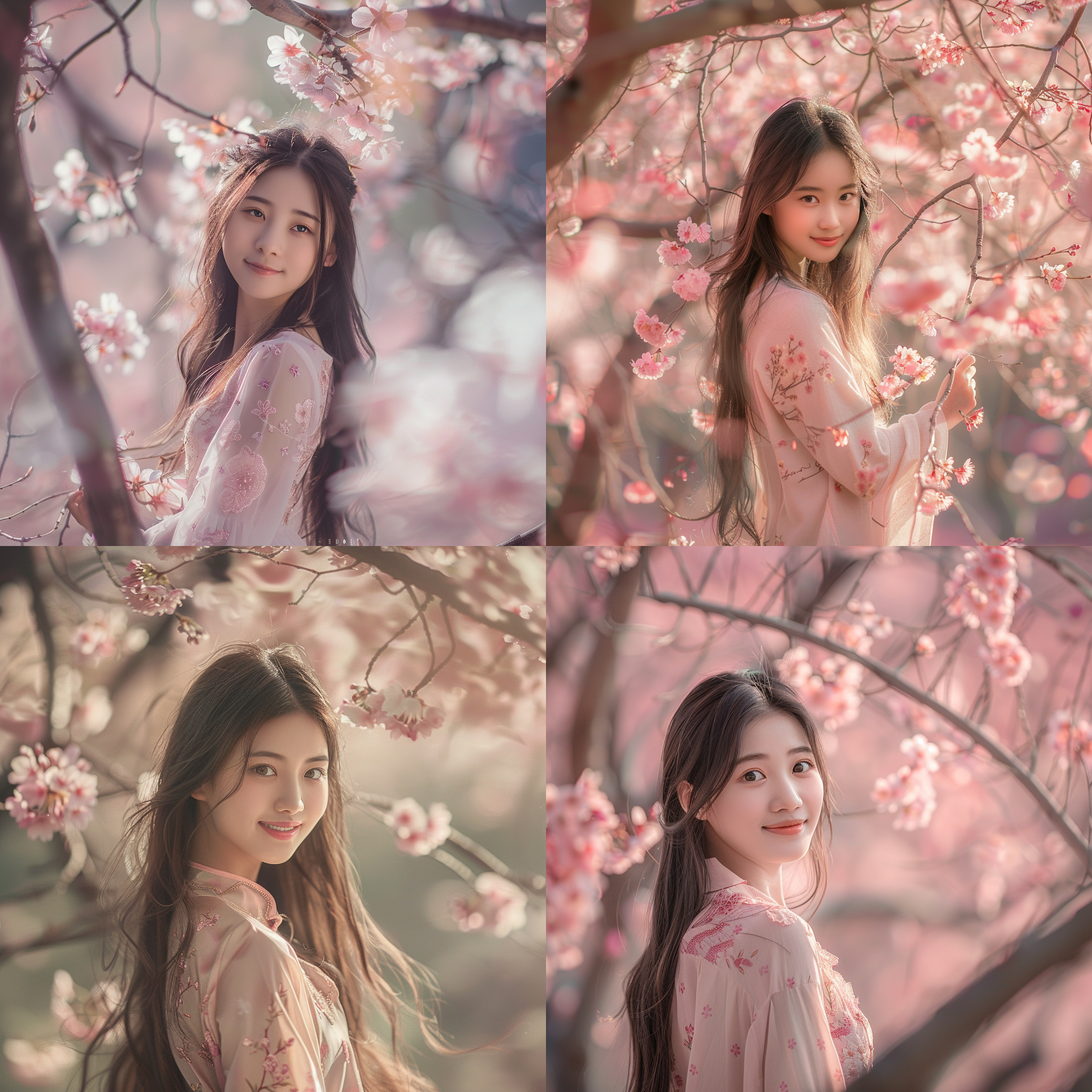 中国女孩樱花树下站立，长头发微笑，大师摄影镜头，全身照，自然光，柔和色调，背景虚化，优雅姿态，春天气息，细腻肌肤，温暖笑容。