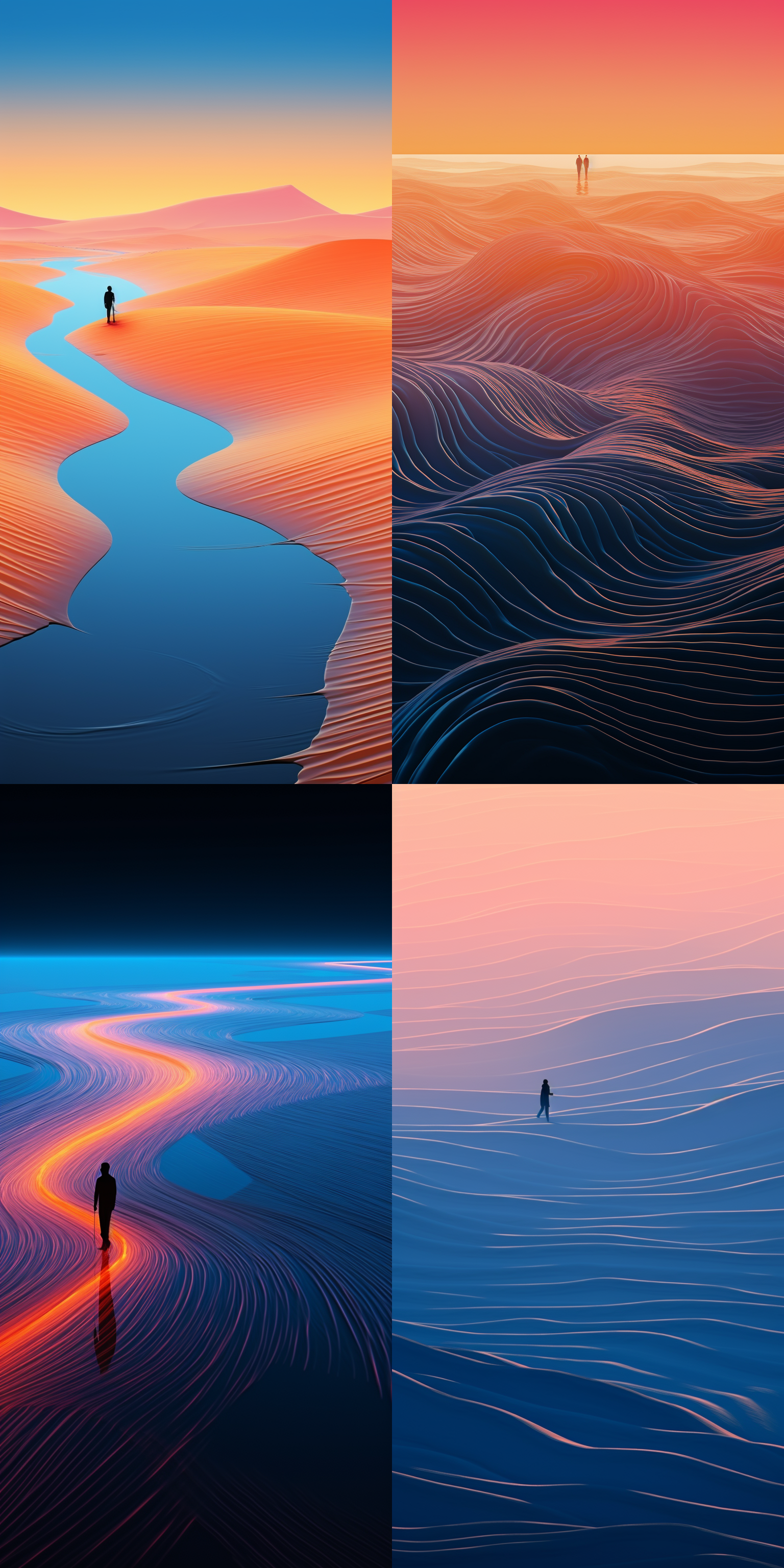 左上方海水抽象蓝金色系，右下方沙漠色彩线纹魔幻细腻，对角交错布局，一人背影置于交错线下方，广角镜头，长曝光，冷色调，画面简洁宁静，8k分辨率，意境幽远旷达。