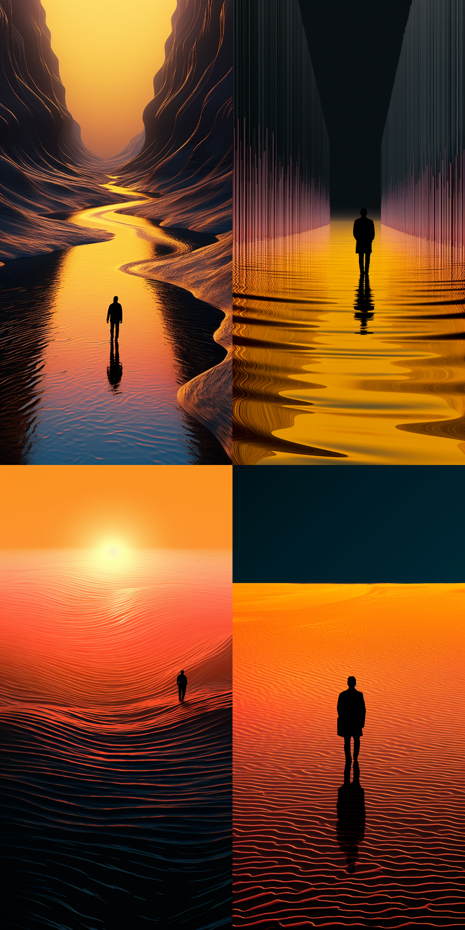 一半海水黑金色，一半沙漠多彩线纹，对角布局，人背影支点下，广角镜头，画面简洁宁静，8k分辨率，长曝光，冷色调，意境幽远旷达。