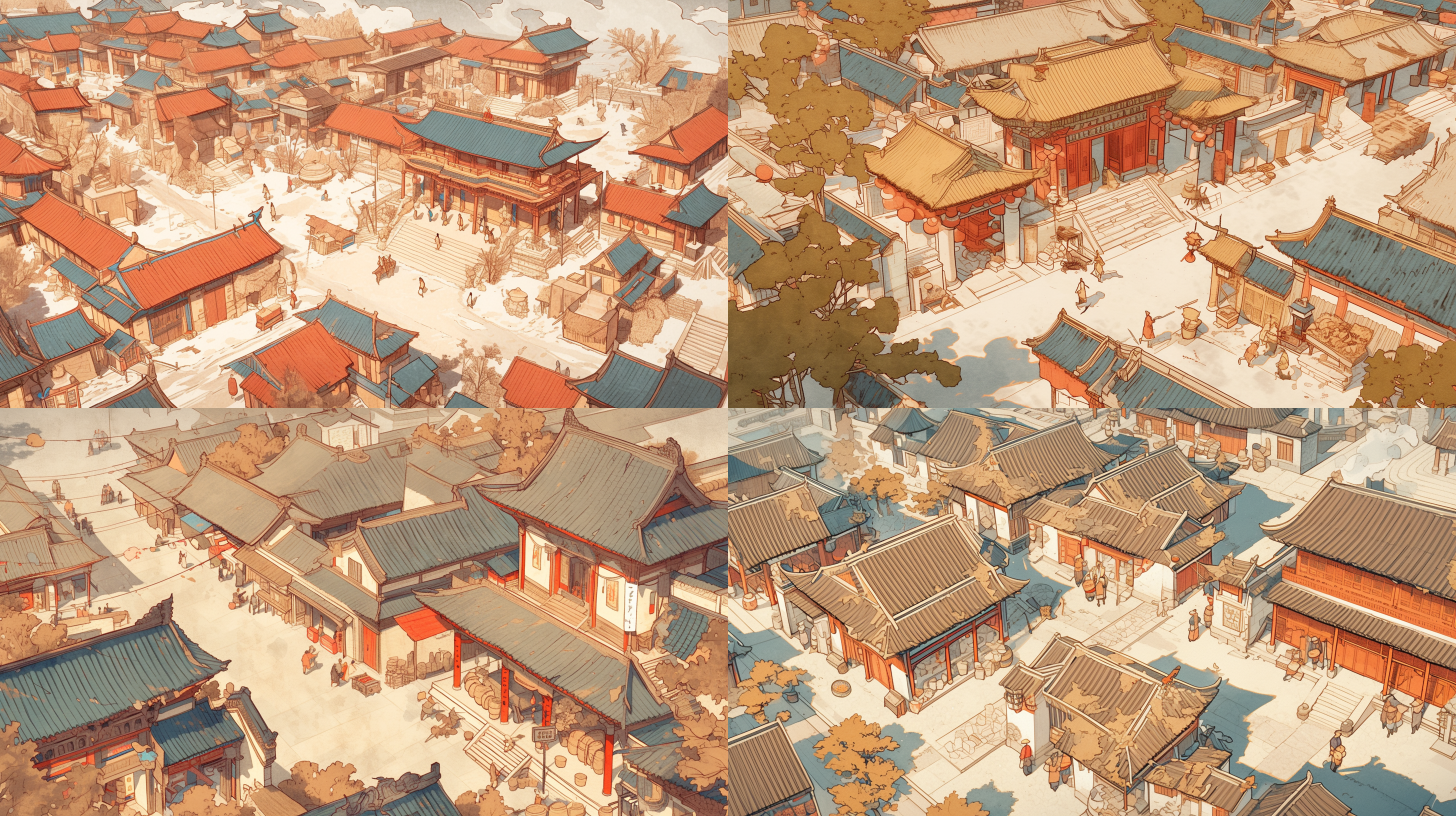 宋代汴京城内，在街道中间，街道两旁是鳞次栉比的店铺，各式各样的招牌随风摇曳，吸引着顾客的目光。城门在画面的最右边，仅露出一小部分，城门右侧是一座三层高的正店（招牌）（装饰豪华，门口衣着华丽的客人们谈笑风生，进出频繁，彰显其地位与繁华），其右侧是官员驿站，左侧则是孙羊（招牌），而城门左侧则是其他店铺的屋顶，只露出部分。街道上，行人络绎不绝，有的聚众在挑选商品，有的在闲聊，还有的在享受街头小吃，整个街道充满了活力和生活气息。