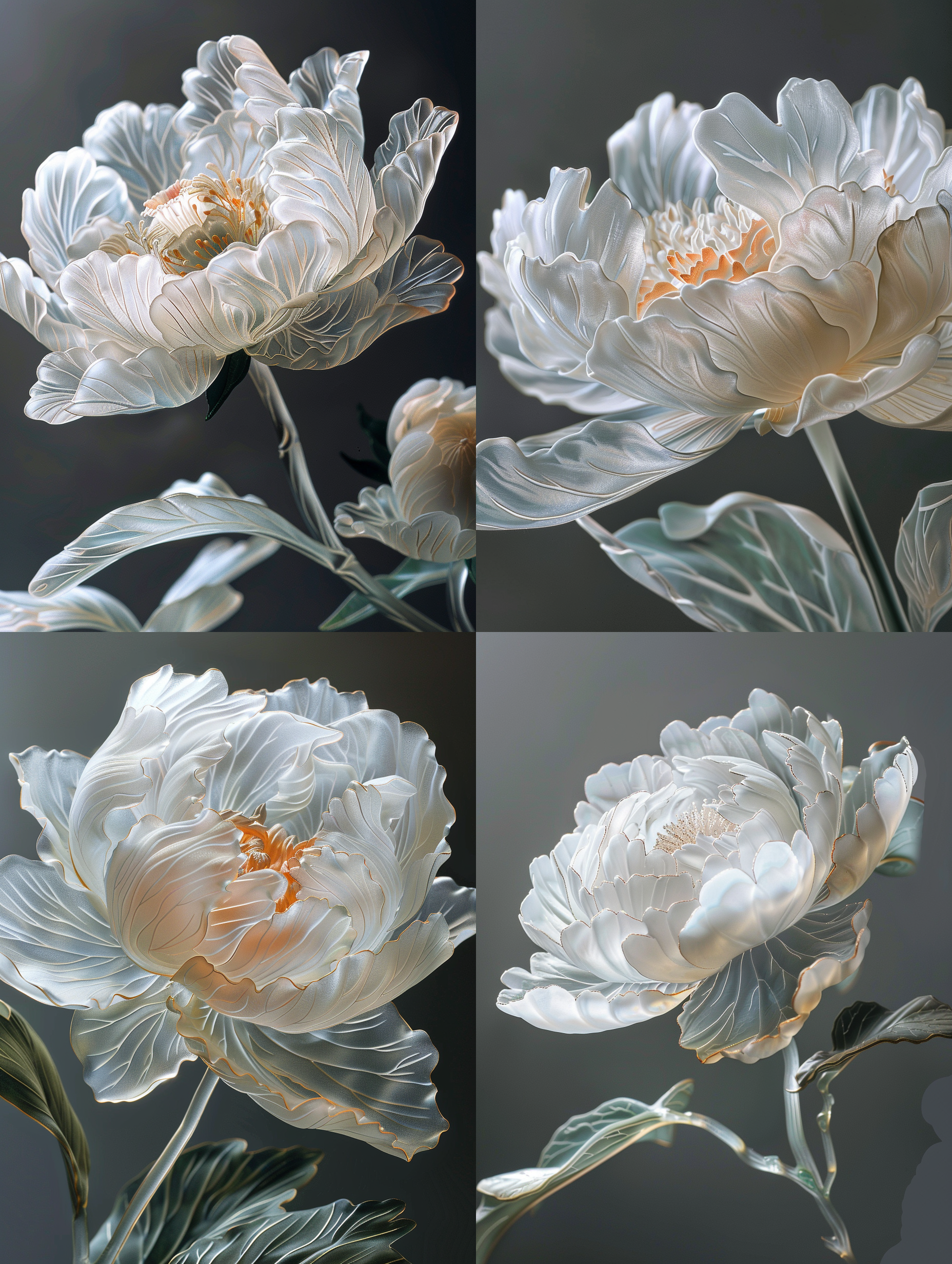 ce carved white peony flower, crystal clear, petal close-up, embroidery, suzhou embroidery, gloss, shallow depth of field, backlight, edge glow, colorful light and shadow, high definition, three- dimensional, smooth silk, opaque and translucent