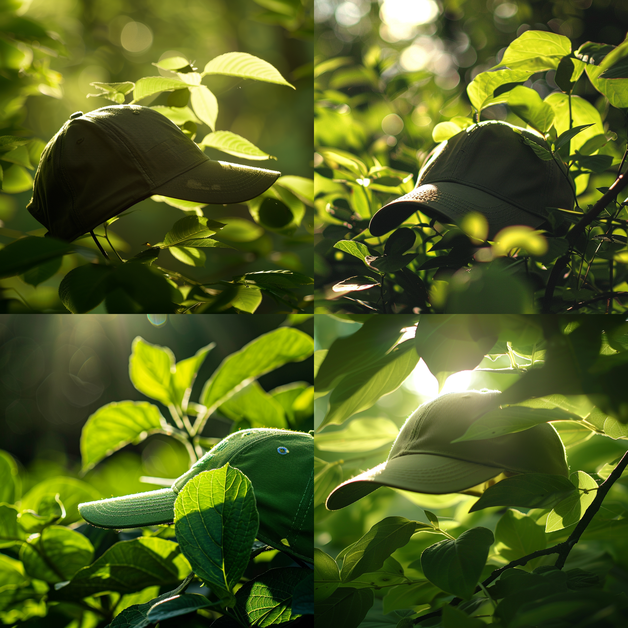 棒球帽，阳光透过树叶，斑驳阴影，绿荫间，自然之美。自然光，细节丰富，绿色调，柔和光线，微距镜头，静态，清新。