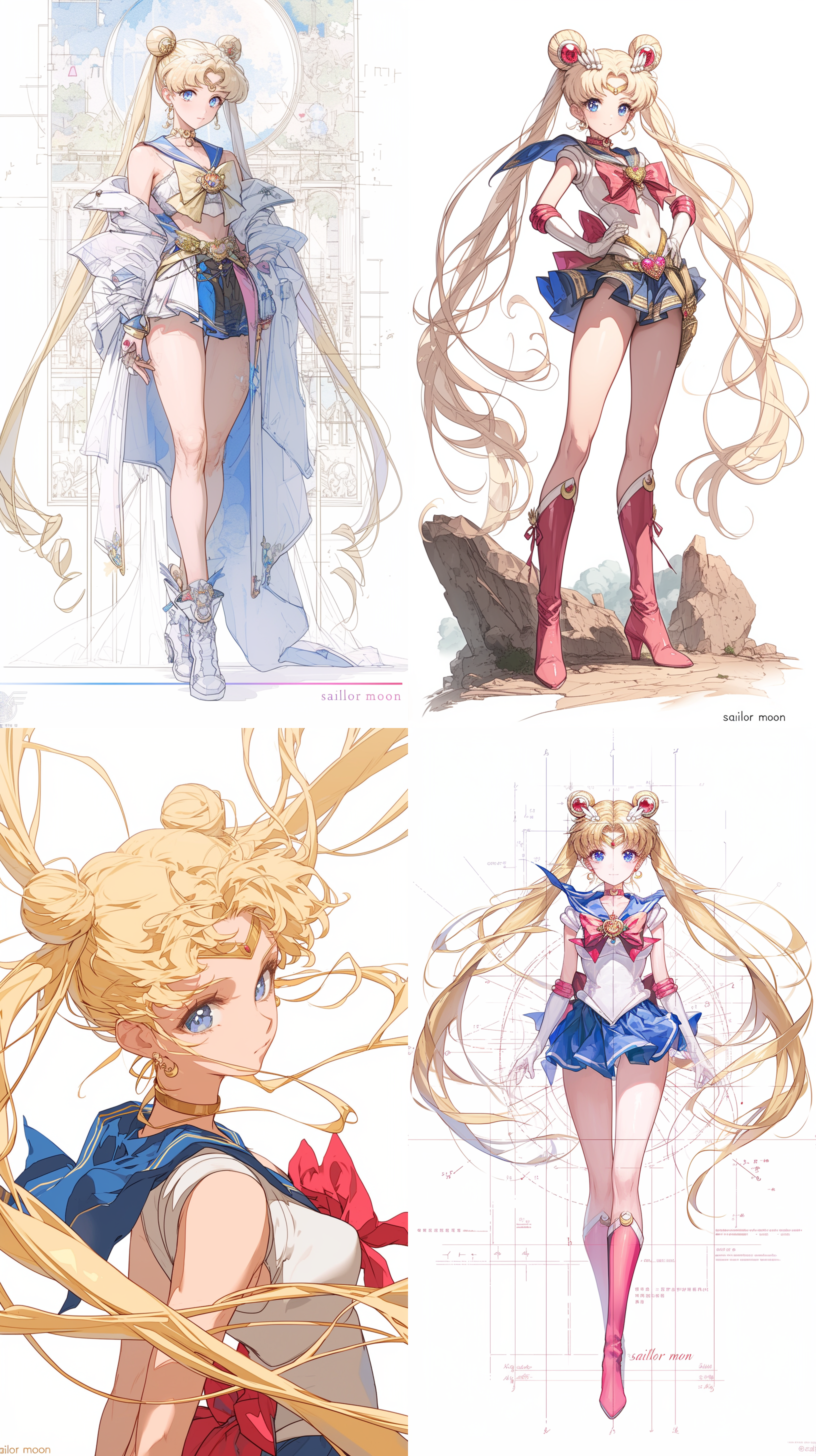 to create a design draft for tsukino usagi as sailor moon in “sailor moon”, we will start with a white background sketch. this line diagram will outline the iconic sailor moon character features and proportions of the moon hare as the basis for the design. martial arts movements, dynamic postures. then, the 3d display effect enhances the depth and realism of the depiction, allowing the audience to appreciate the unique features and unforgettable presence of sailor moon. the dimensions of the sketch will be clearly marked to ensure accuracy and precision. once the lines are drawn, we will use vibrant white, red, gold, and blue color schemes to add some colors to the character's body locally, consistent with sailor moon's iconic appearance.