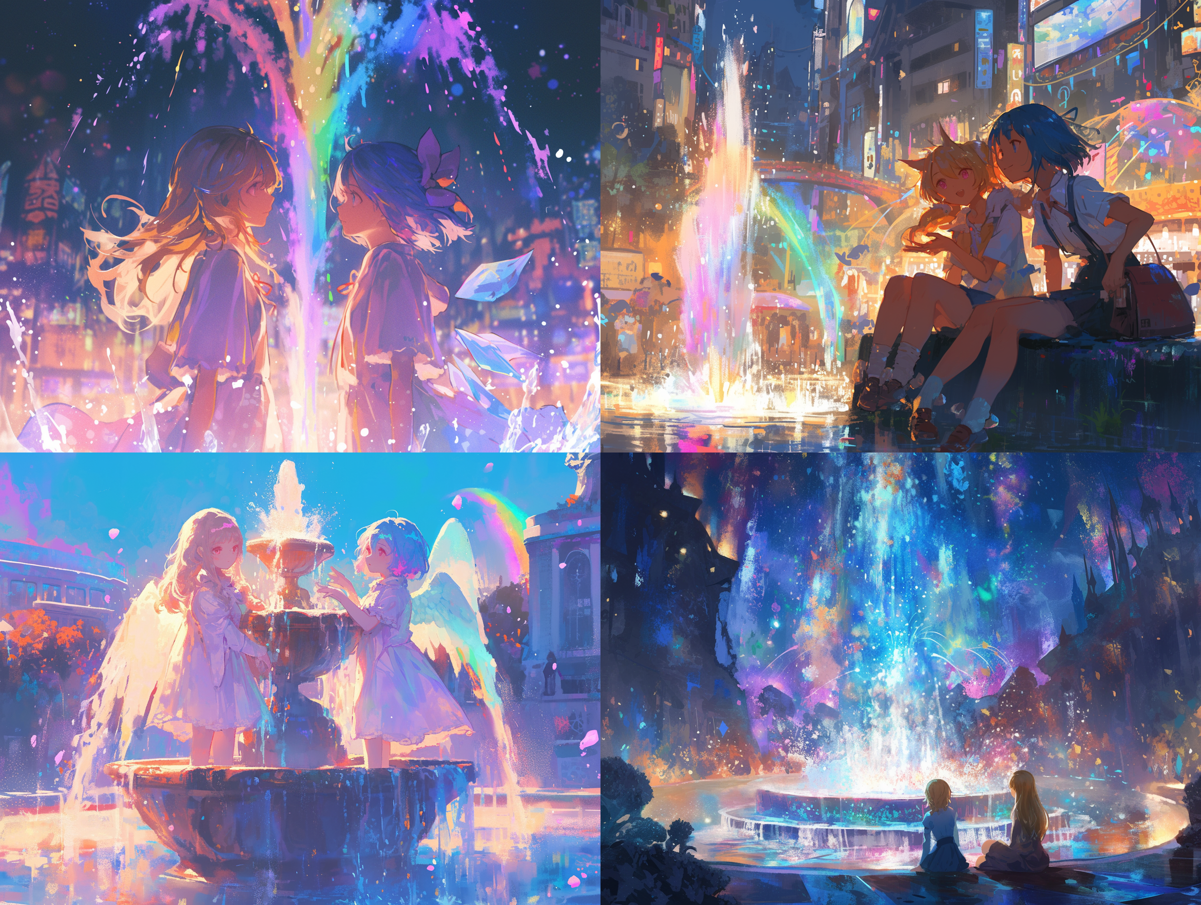 两个少女在看音乐喷泉，金色长发进气口和粉色眼睛的女孩，蓝色短发中分发型和蓝色眼睛的女孩，彩虹渐变音乐喷泉，水花，光感，夜晚，油画质感，笔触