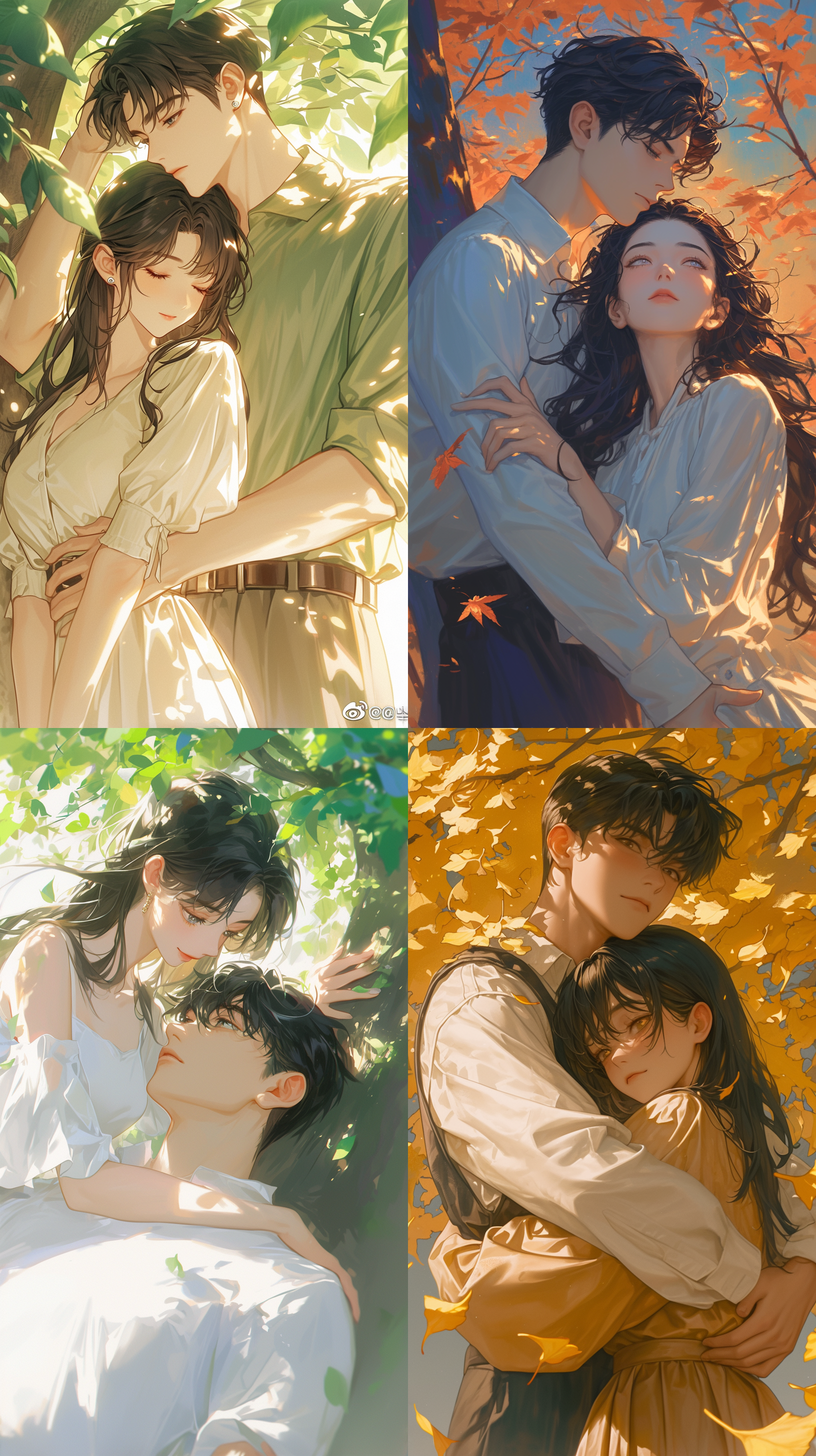 中国情侣相拥，女孩黑色长发，男孩黑色短发，眼睛明亮，校园背景，白色短裙与衬衫，高清画面，韩漫风格，纹理细腻，背景淡雅，背靠大树，树叶轻飘，柔和光线，温馨氛围。