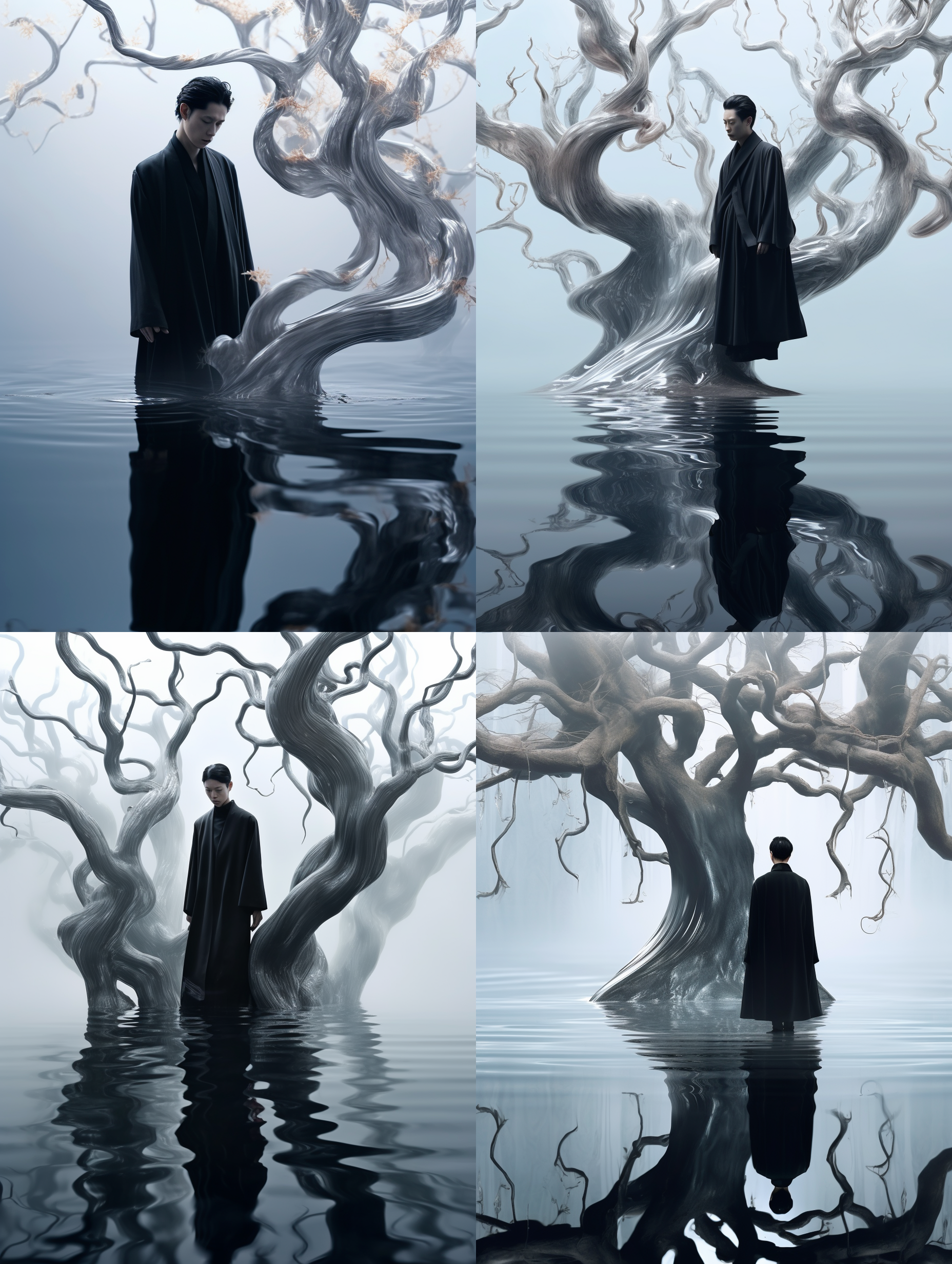 深色长袍男子涉水而行，sou fujimoto风格，zhang jingna摄影，玻璃雕塑质感，扭曲树枝元素，miwa komatsu灵性，奇幻动画氛围，非对称平衡构图，高清8k画质，细腻光影，神秘色彩，沉思表情。