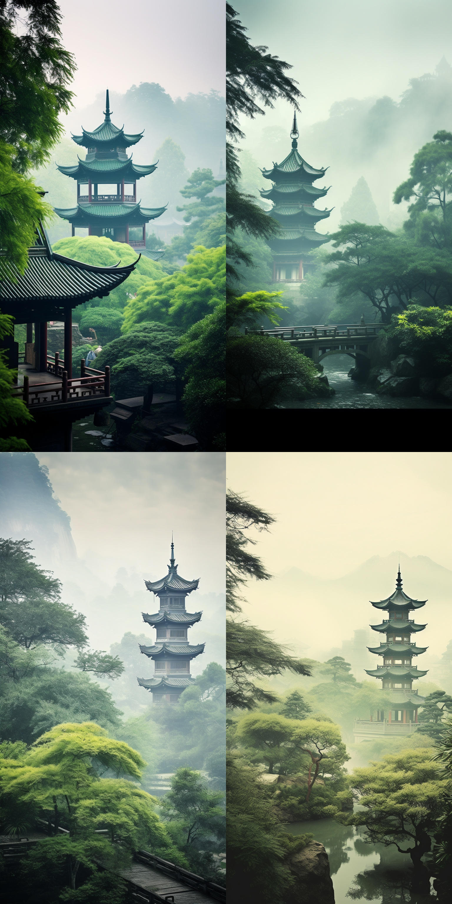 江南烟雨，楼阁朦胧，绿色主调，水墨风格，长焦镜头，低饱和，柔光，远景，静谧，诗意。