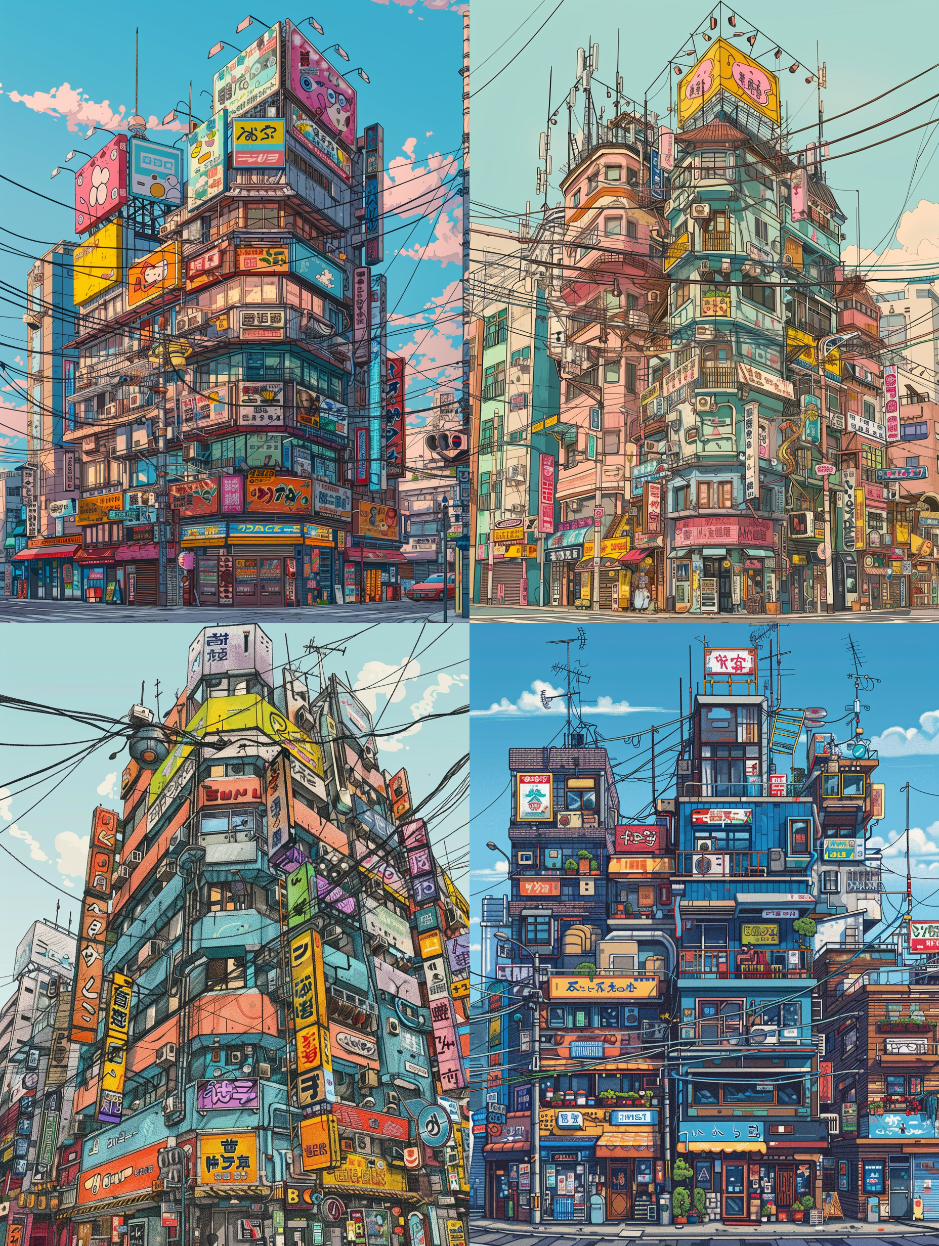 各种建筑堆叠起来的一栋建筑大楼，每一层堆叠的不同风格的建筑，挂满各种招牌，背景干净，电线横穿，彩色线条插画风格，