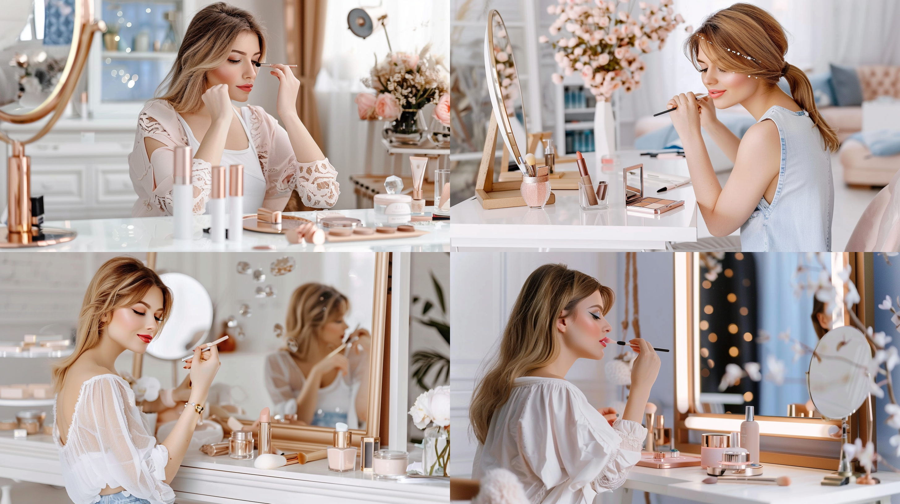 一个美国籍白皮肤金发女孩坐在干净的化妆桌前化妆，开心的看向桌面上的镜子，正面拍摄