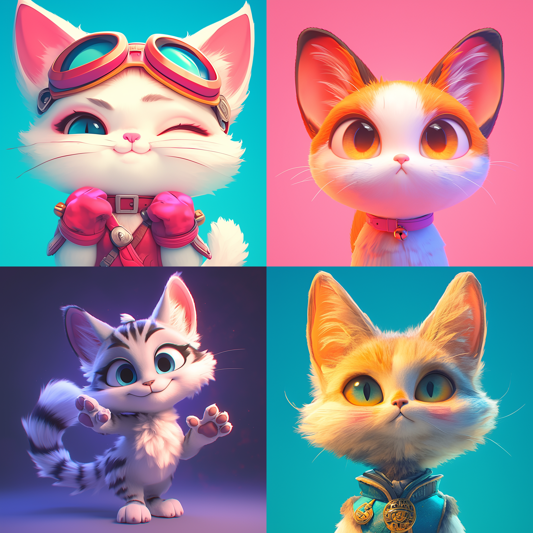 卡通动漫风格猫正面，搞怪装扮，鲜艳色彩，立体光影，活泼表情，动态捕捉，数字艺术，虚拟现实，可爱3d形象，刻画细节，正面光，高饱和度，快速快门，动态模糊，夸张表情，立体感强。