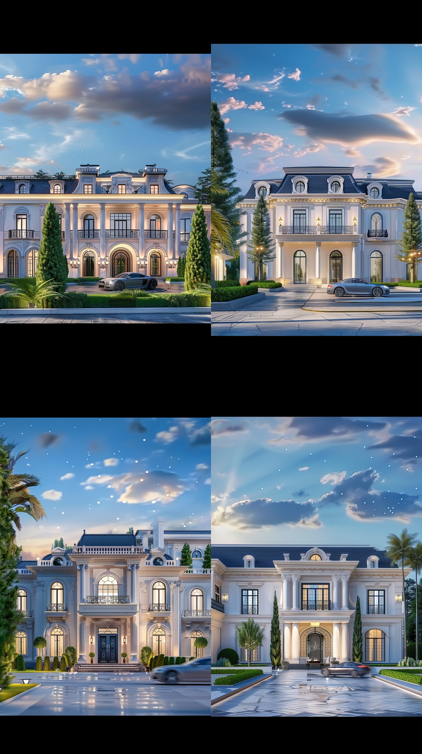 白色欧式豪华大别墅，正交视图，远景，环境优美，绿植茂盛，夜景，天空黑暗，广角镜头，自然光，灯光柔和，天空星星点点，细节丰富，色彩鲜明，宁静和谐。建筑宏伟，风格写实，天空自然。 斯大林主义 美术学院派