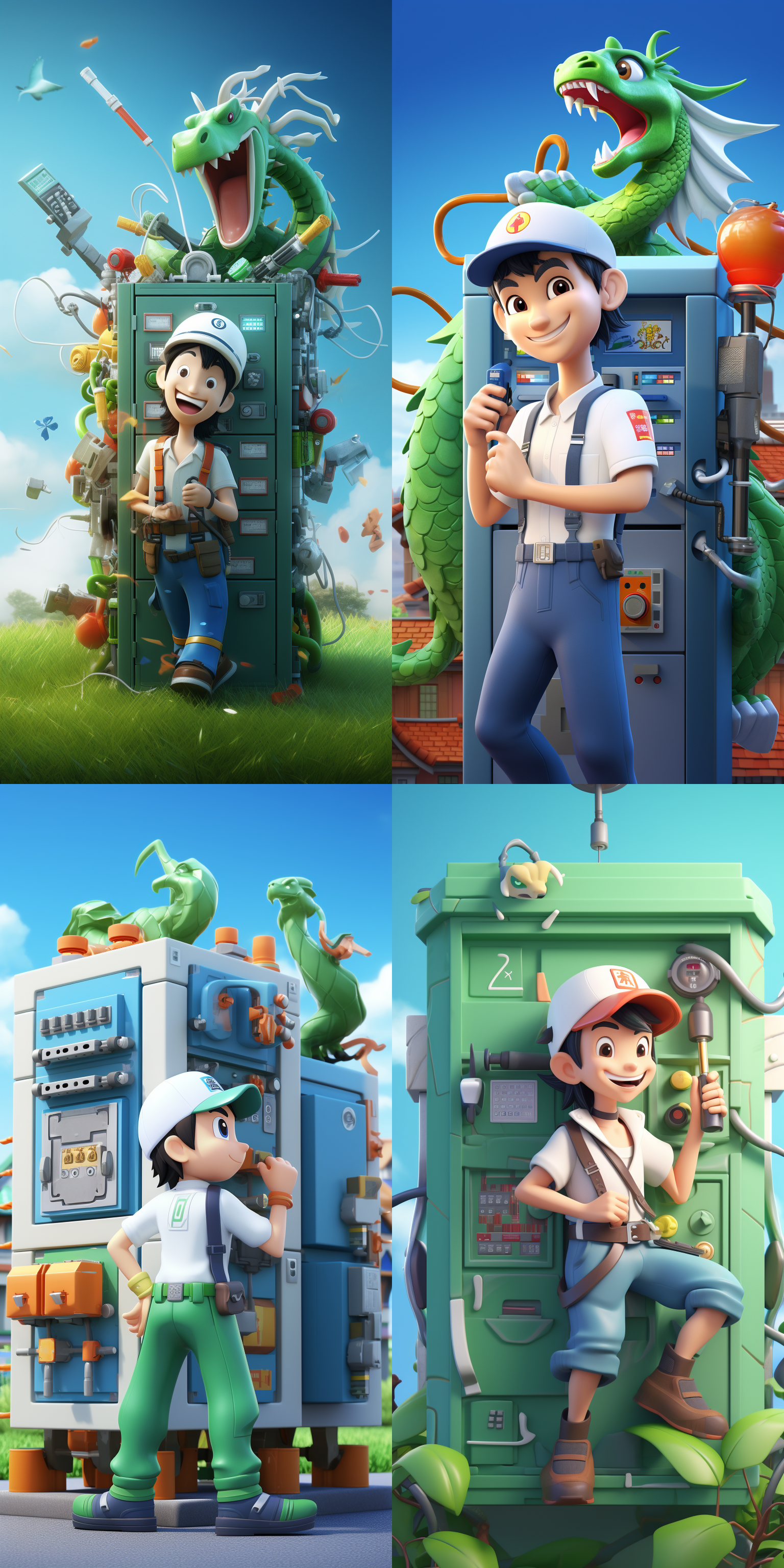 传统中国节日，阳光明媚，男子戴硬帽，手持螺丝刀，白短袖蓝裤，站电表箱旁，一手提工具箱，一手擦汗，面带笑容。背景巨龙，绿莲叶蓝天，蓝绿主色调。3d，c4d，oc渲染，体积渲染，极致细节，高清细节，俯视图，单点透视，超高清，超细节8k。