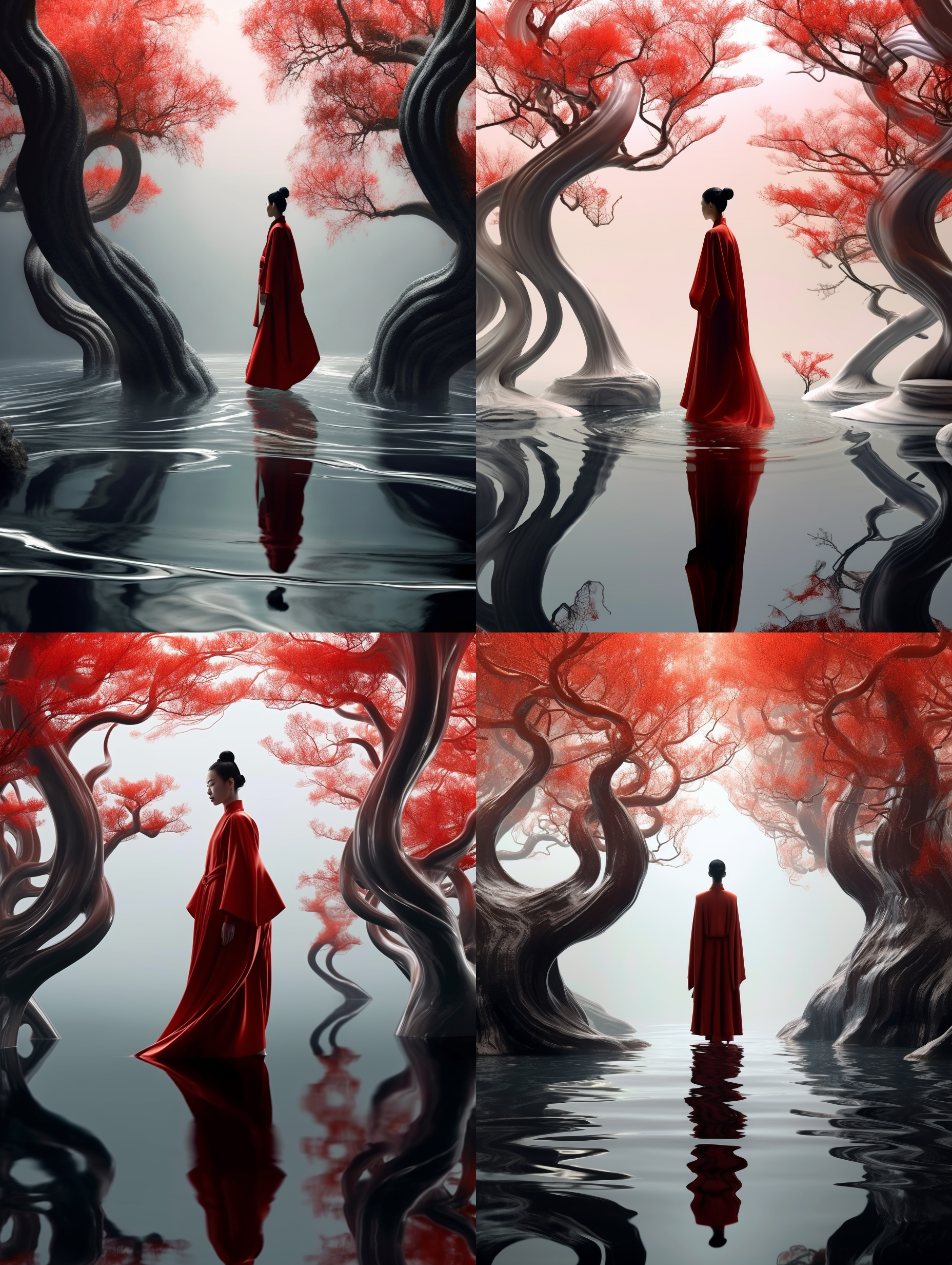 女性身着深红长袍涉水而行，风格融合藤本壮介、张静初、玻璃雕塑、扭曲树枝、小松美羽，呈现奇幻动画效果，非对称平衡构图，高清8k画质，细腻光影处理，柔和侧光，深红与水波交织，神秘而优雅。