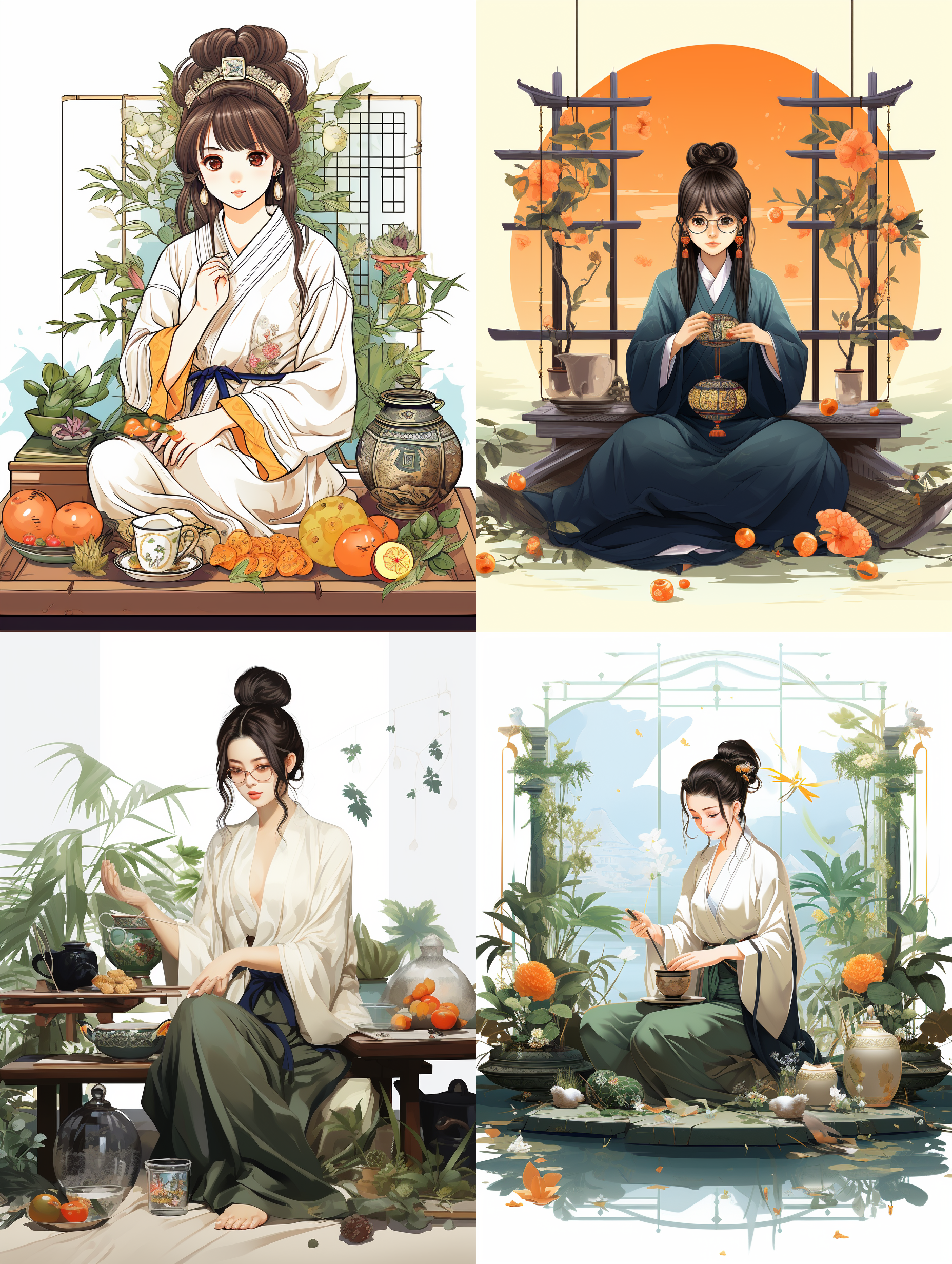 穿汉服，带眼镜，穿着袜子，蹲姿，女生，戴戒指，前面有桌子，上面放有菠萝、化妆盒子，矢量插画，线条清晰，全身