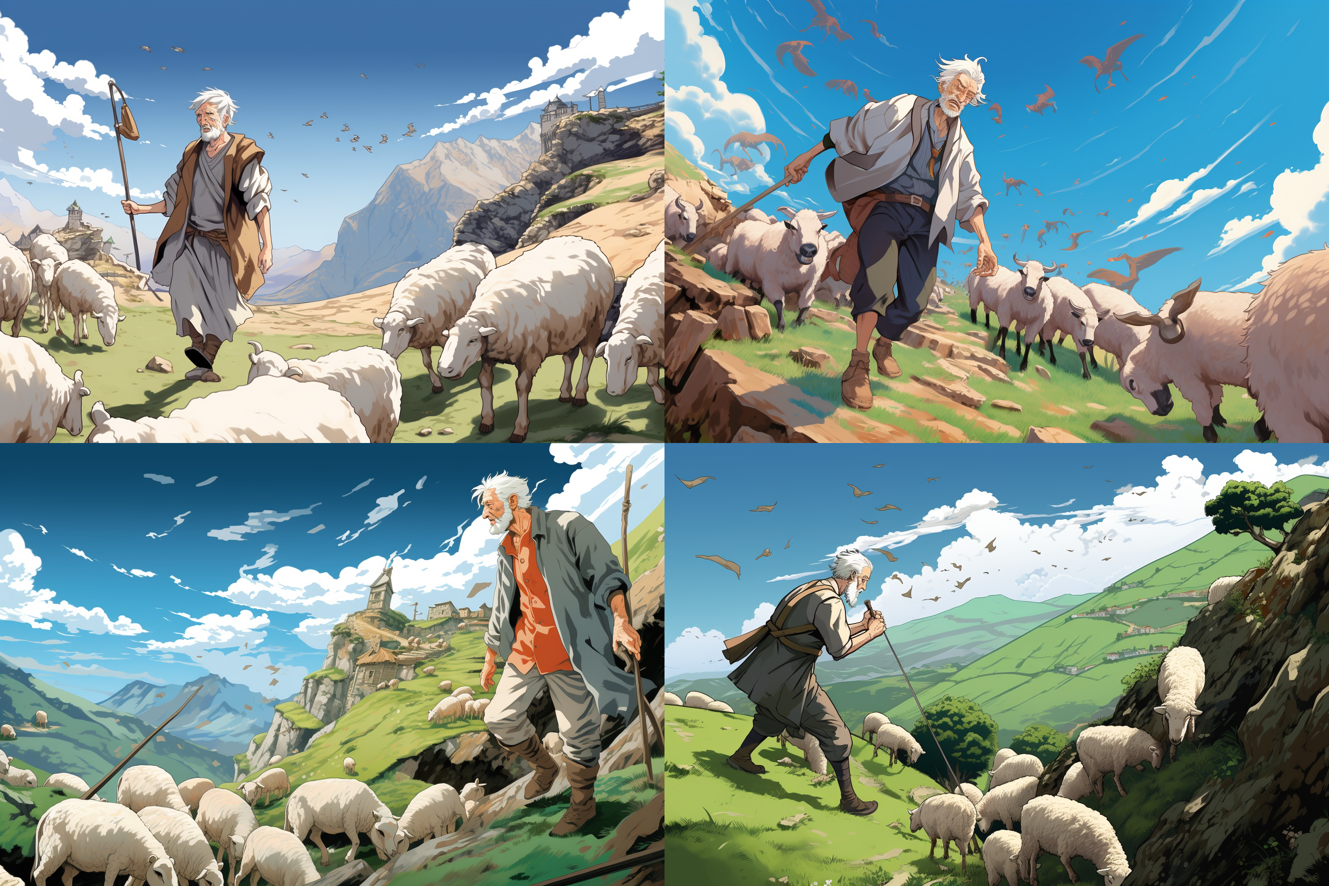 宽阔视角，写实漫画，手绘风格，动作，平面，白天，放羊老头，发现矿石