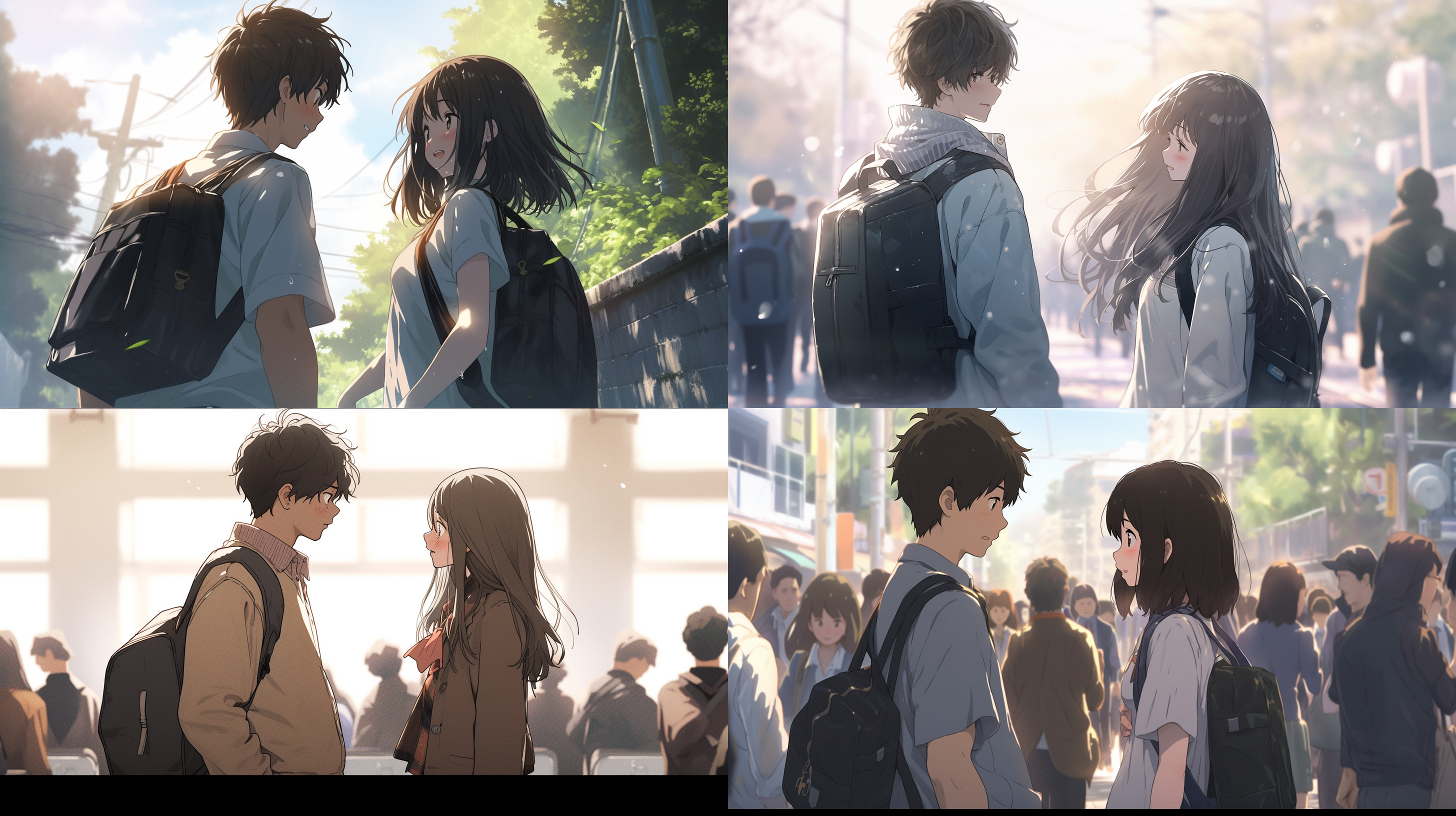 男高中生与女高中生分别站在画面两侧，吉卜力风格，背着书包，离开，互相告别，远景，俯视，全身像，自然光，柔和色调，长焦镜头，离别场景，背影，忧伤，相背而行，走向不同方向，渐行渐远，自然环境，长焦压缩，淡蓝色调，情感深沉。