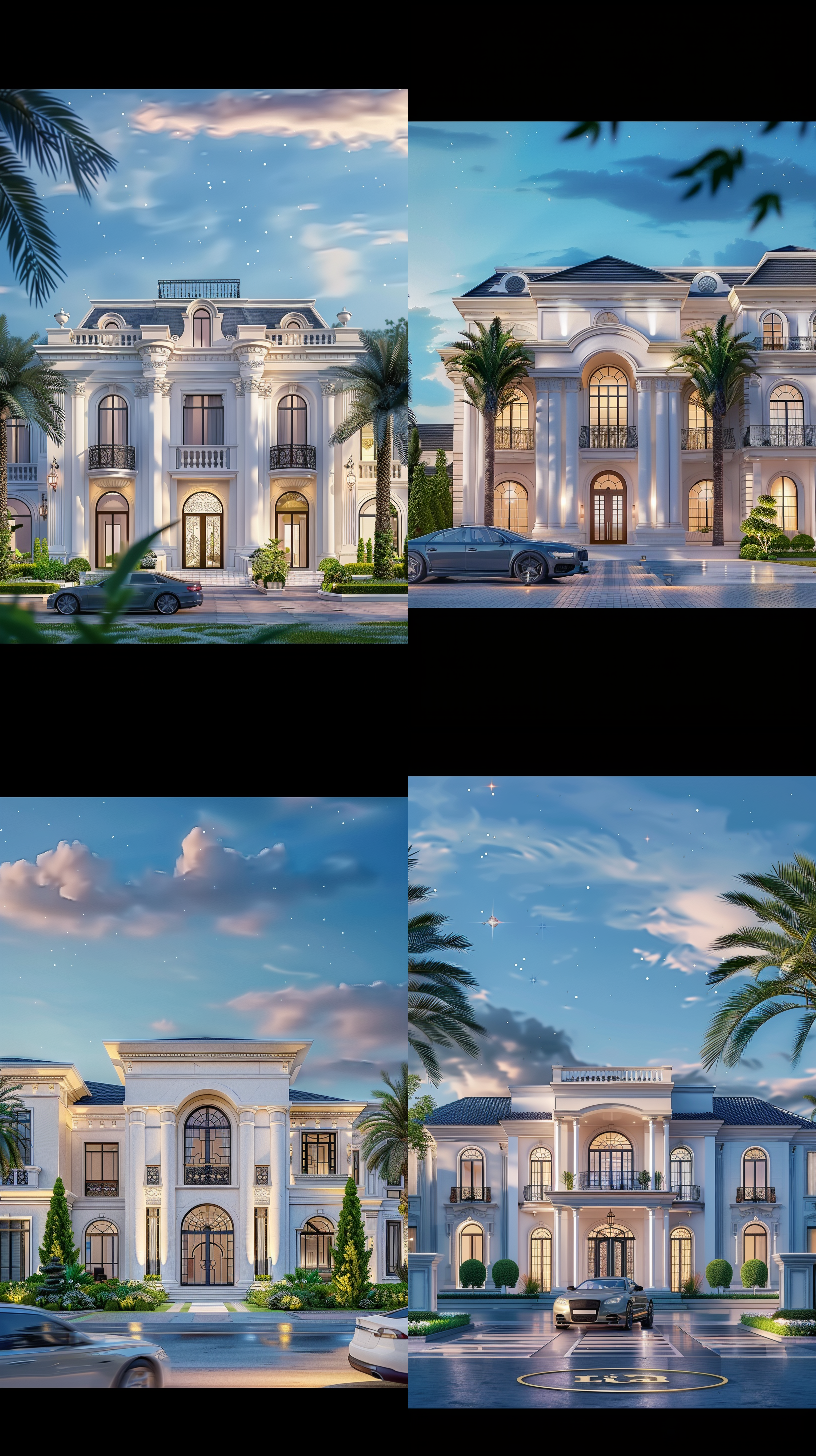 白色欧式豪华大别墅，正交视图，远景，环境优美，绿植茂盛，夜景，天空黑暗，广角镜头，自然光，灯光柔和，天空星星点点，细节丰富，色彩鲜明，宁静和谐。建筑宏伟，风格写实，天空自然。