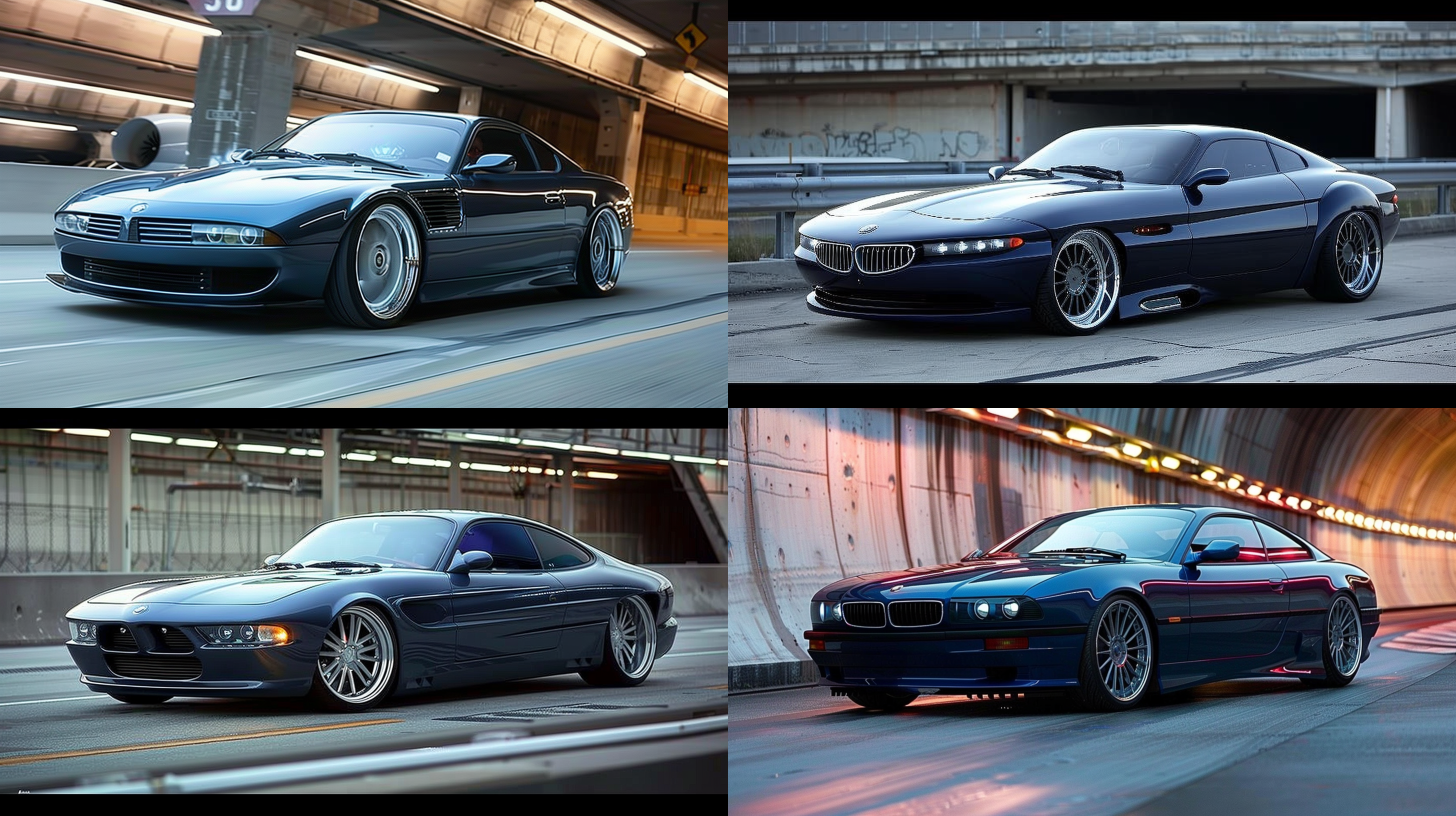 科技复古车双门轿跑，赛博朋克风，新能源驱动，科技感内饰，未来感设计，银灰色车身，全景天窗，led氛围灯，高速公路上，日落时分，侧逆光，长焦镜头，动态模糊，运动感，环保理念。 机场 隧道