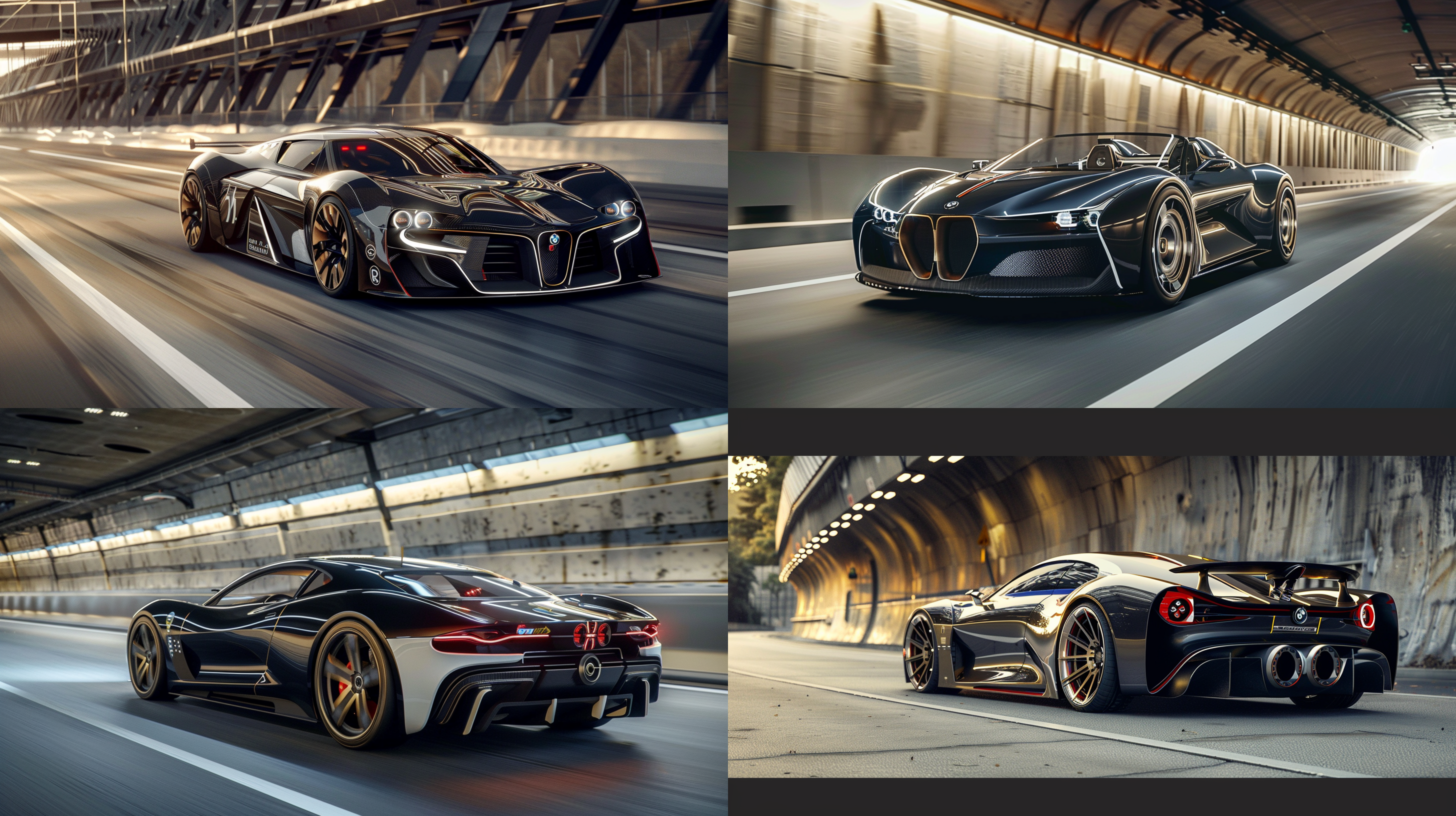 科技车，双门跑车，赛博朋克，新能源，科技感，宽敞内饰，未来感设计，全景天窗，led氛围灯，高速公路上，日落时分，侧逆光，正面，长焦镜头，动态模糊，环保。 机场 隧道 王家卫 机场 隧道 王家卫