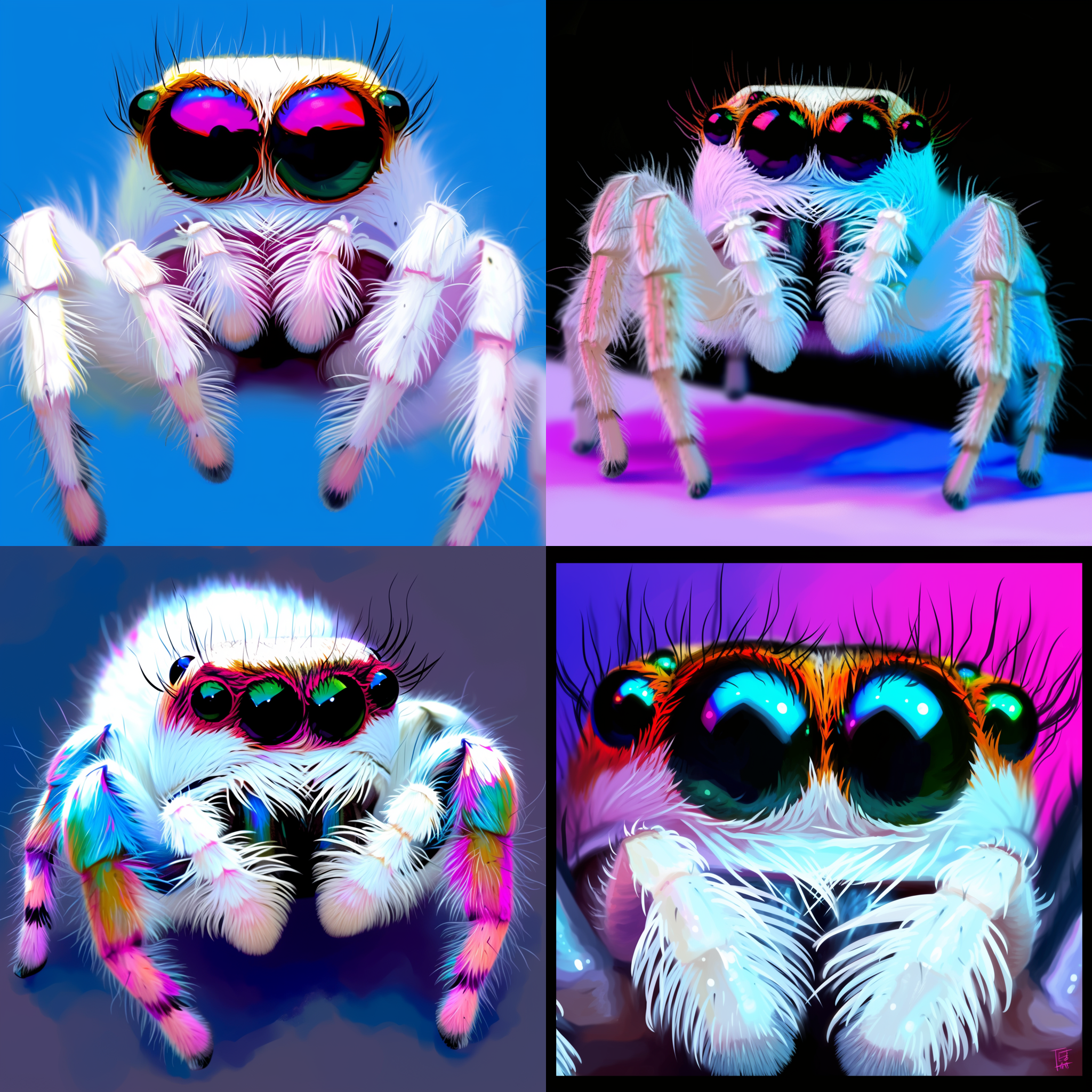 可爱跳蛛特写，灰色身体，大眼睛，q版设计，纯色背景，正视图，最高质量，毛发纹理，霓虹光效，无阴影，特写镜头，柔和光线，鲜艳色彩，生动表情。